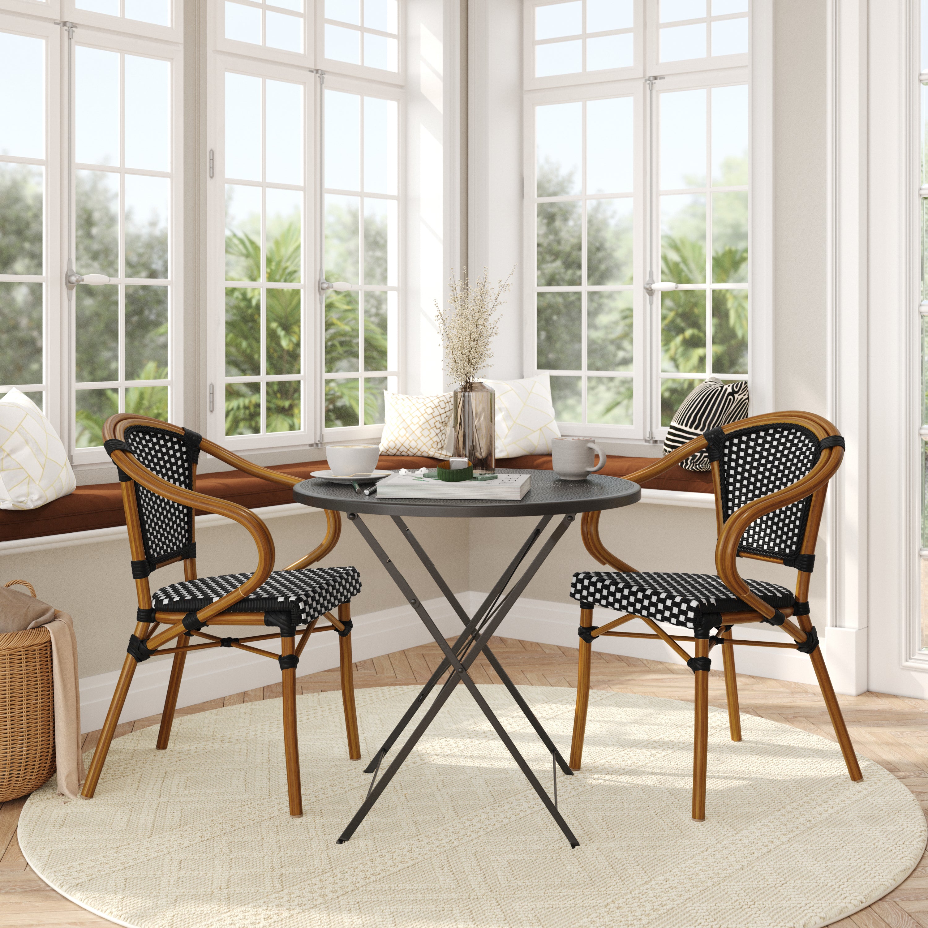 2 Pack Bordeaux Indoor/Outdoor Commercial Bistro Stacking Chair with Arms, Black and White PE Rattan and Bamboo Print Aluminum Frame in Natural