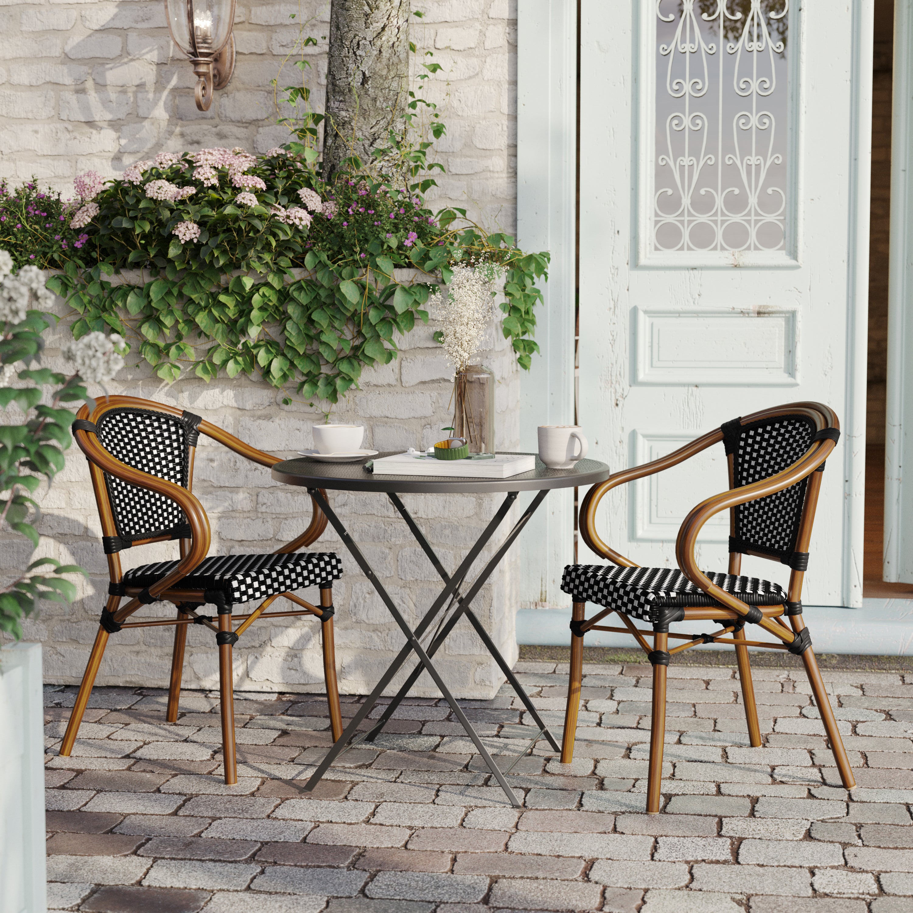 2 Pack Bordeaux Indoor/Outdoor Commercial Bistro Stacking Chair with Arms, Black and White PE Rattan and Bamboo Print Aluminum Frame in Natural