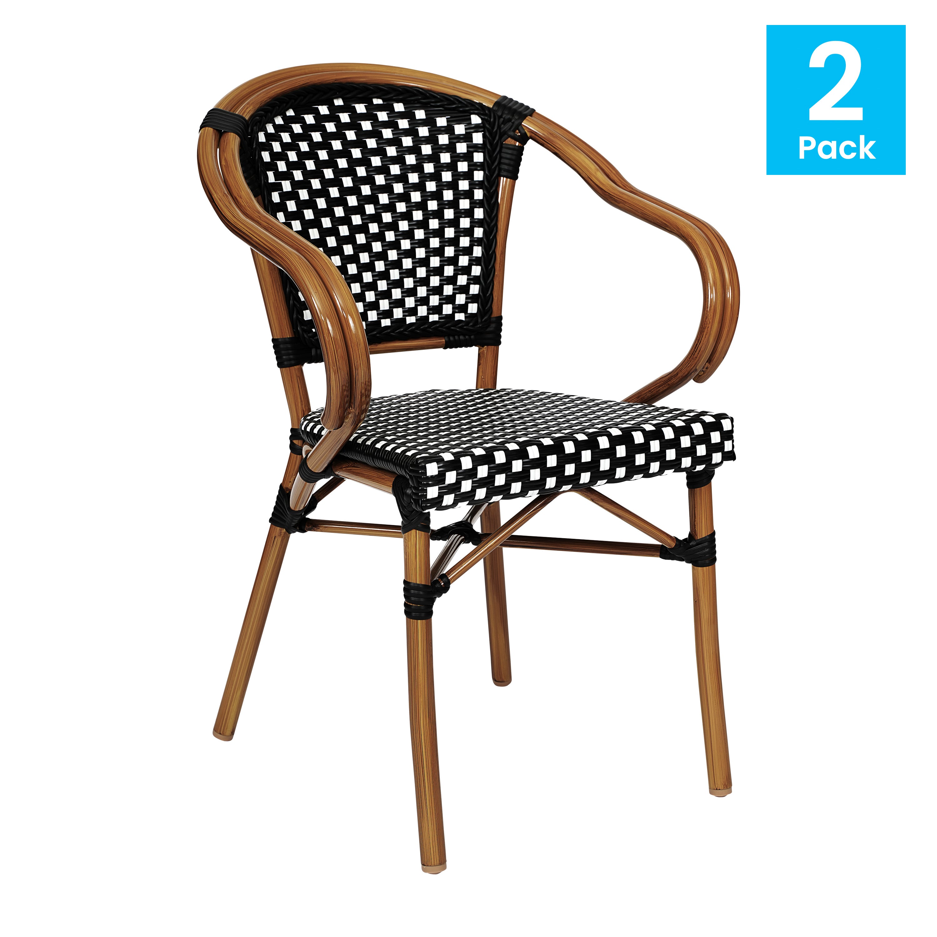 2 Pack Bordeaux Indoor/Outdoor Commercial Bistro Stacking Chair with Arms, Black and White PE Rattan and Bamboo Print Aluminum Frame in Natural