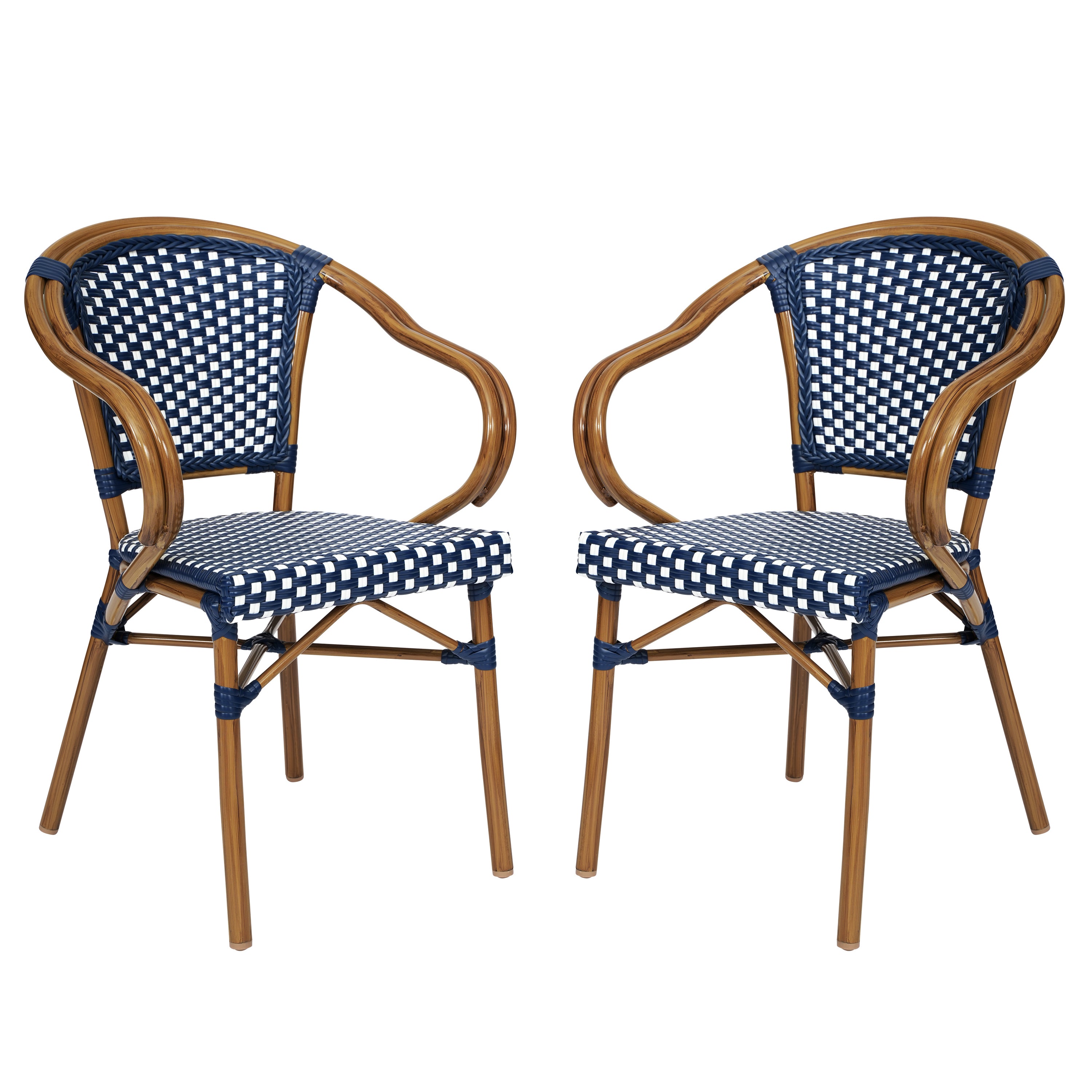 2 Pack Bordeaux Indoor/Outdoor Commercial Bistro Stacking Chair with Arms, Navy and White PE Rattan and Bamboo Print Aluminum Frame in Natural