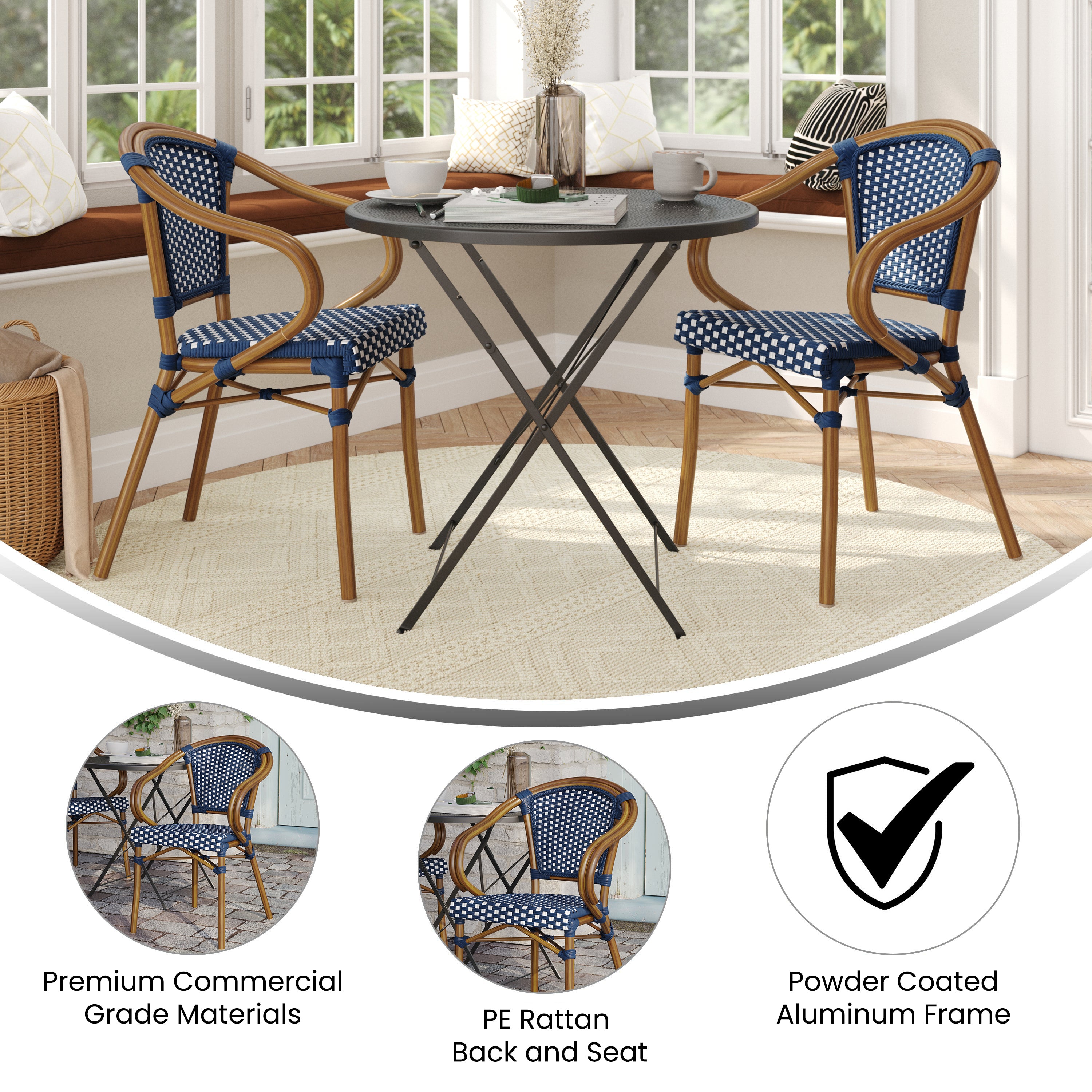 2 Pack Bordeaux Indoor/Outdoor Commercial Bistro Stacking Chair with Arms, Navy and White PE Rattan and Bamboo Print Aluminum Frame in Natural