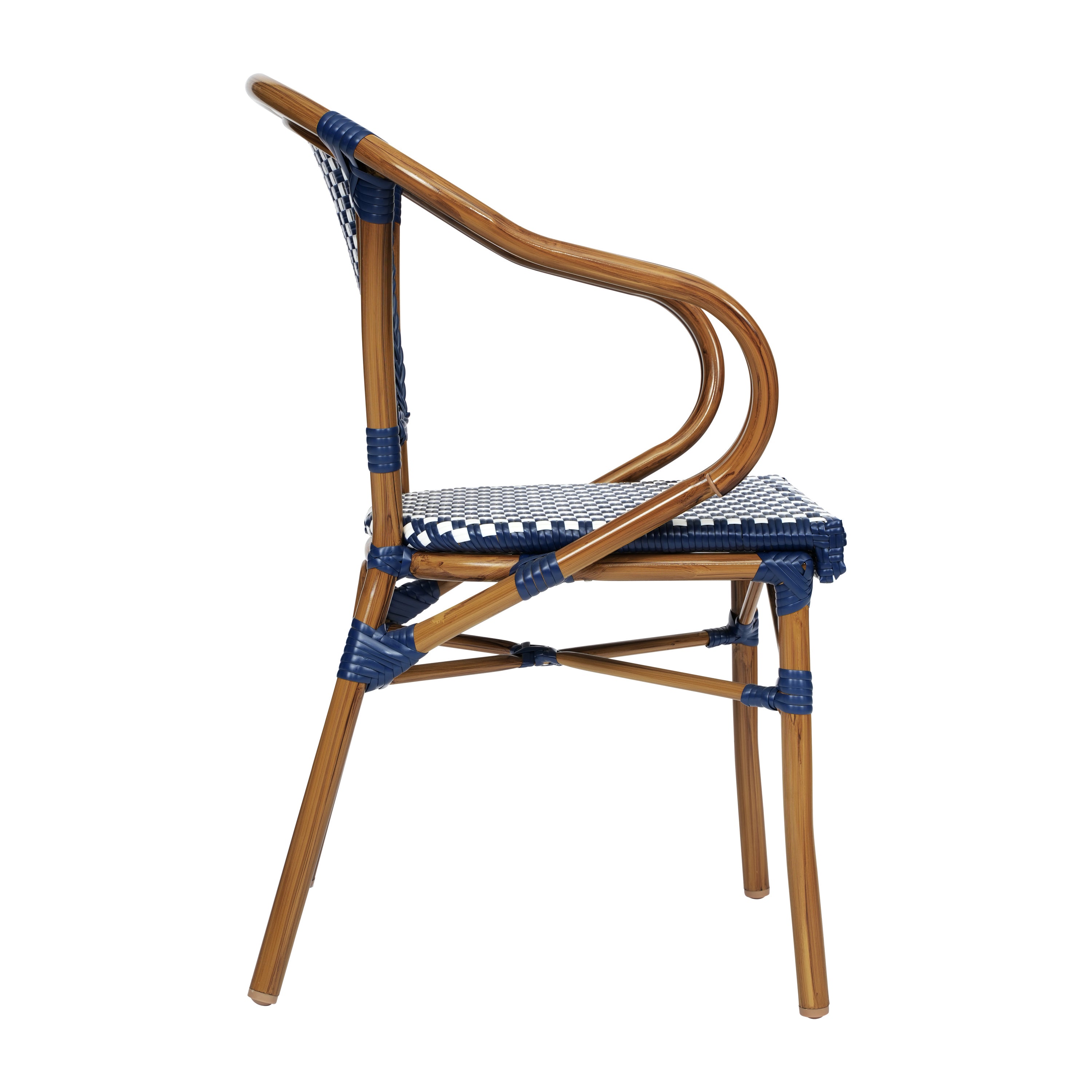2 Pack Bordeaux Indoor/Outdoor Commercial Bistro Stacking Chair with Arms, Navy and White PE Rattan and Bamboo Print Aluminum Frame in Natural