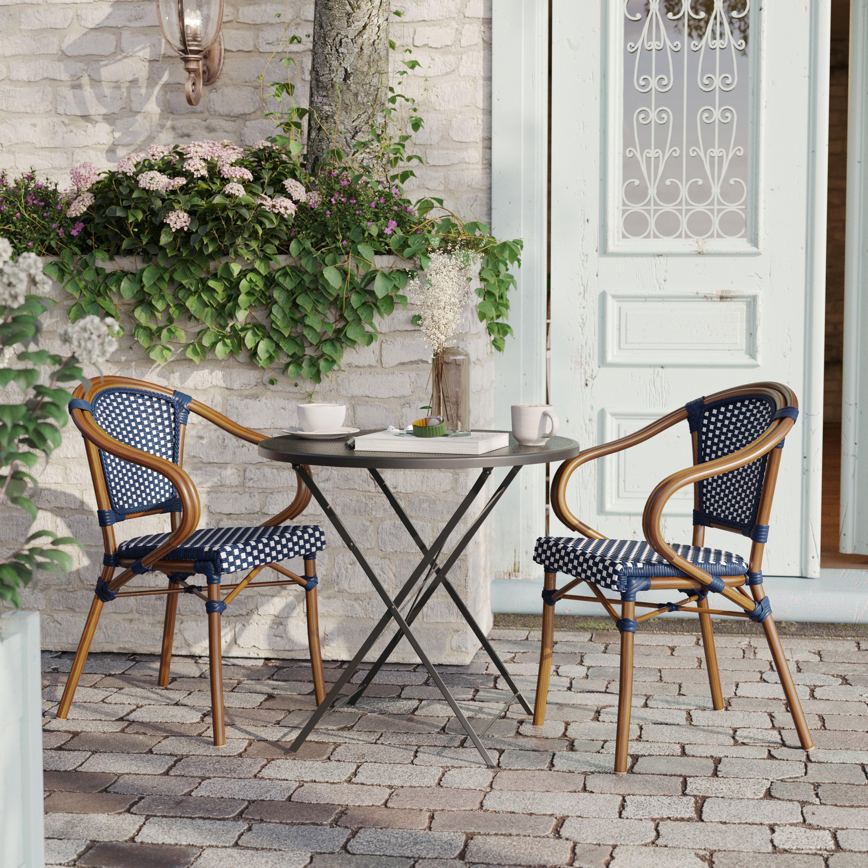 2 Pack Bordeaux Indoor/Outdoor Commercial Bistro Stacking Chair with Arms, Navy and White PE Rattan and Bamboo Print Aluminum Frame in Natural