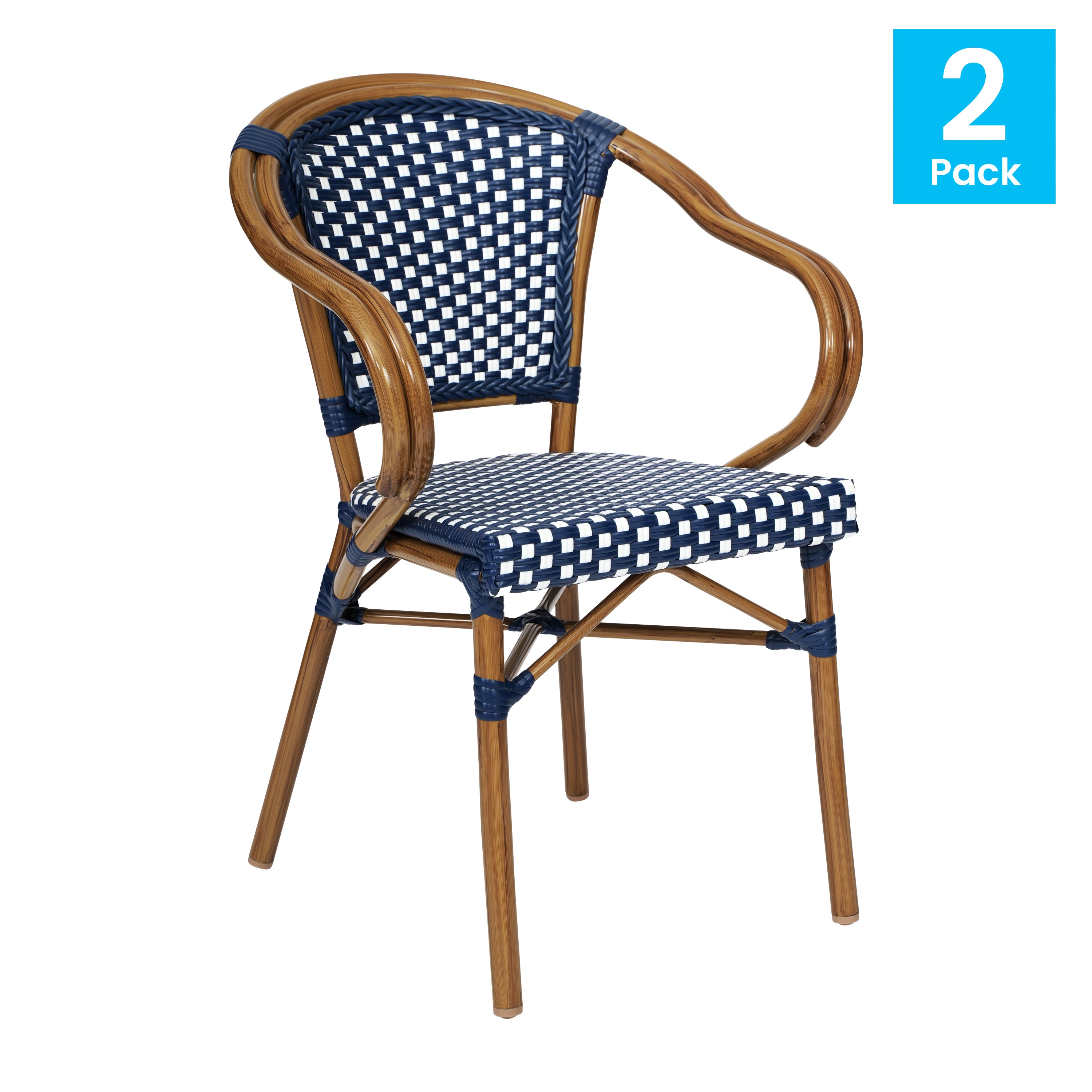 2 Pack Bordeaux Indoor/Outdoor Commercial Bistro Stacking Chair with Arms, Navy and White PE Rattan and Bamboo Print Aluminum Frame in Natural