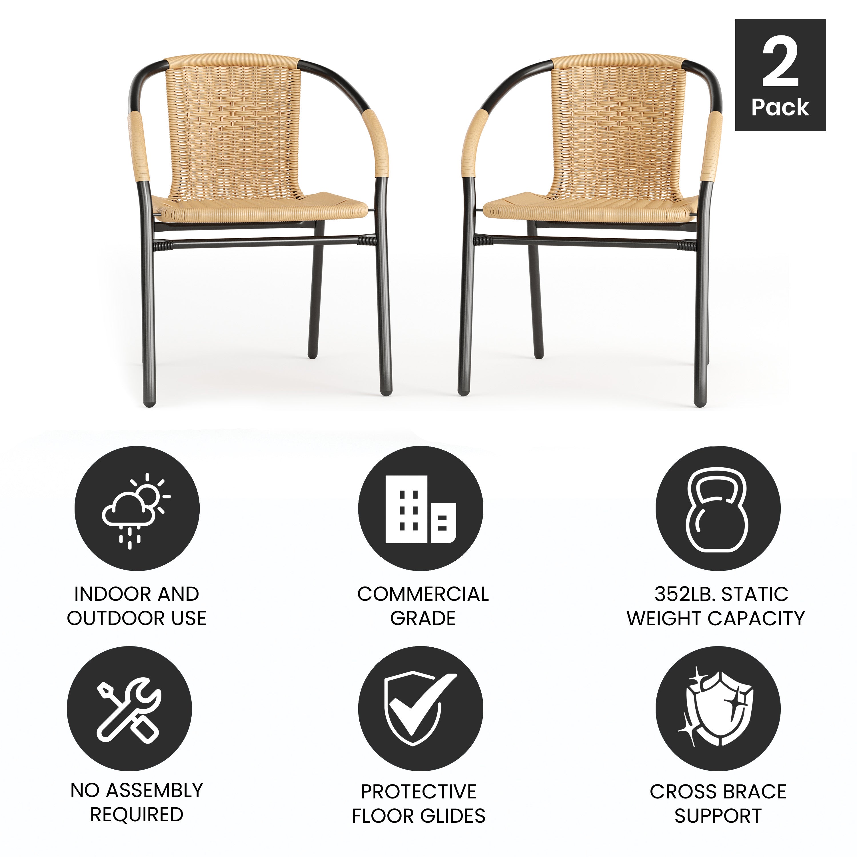 Lila Set of 2 Commercial Grade Beige Rattan Indoor-Outdoor Restaurant Stack Chairs