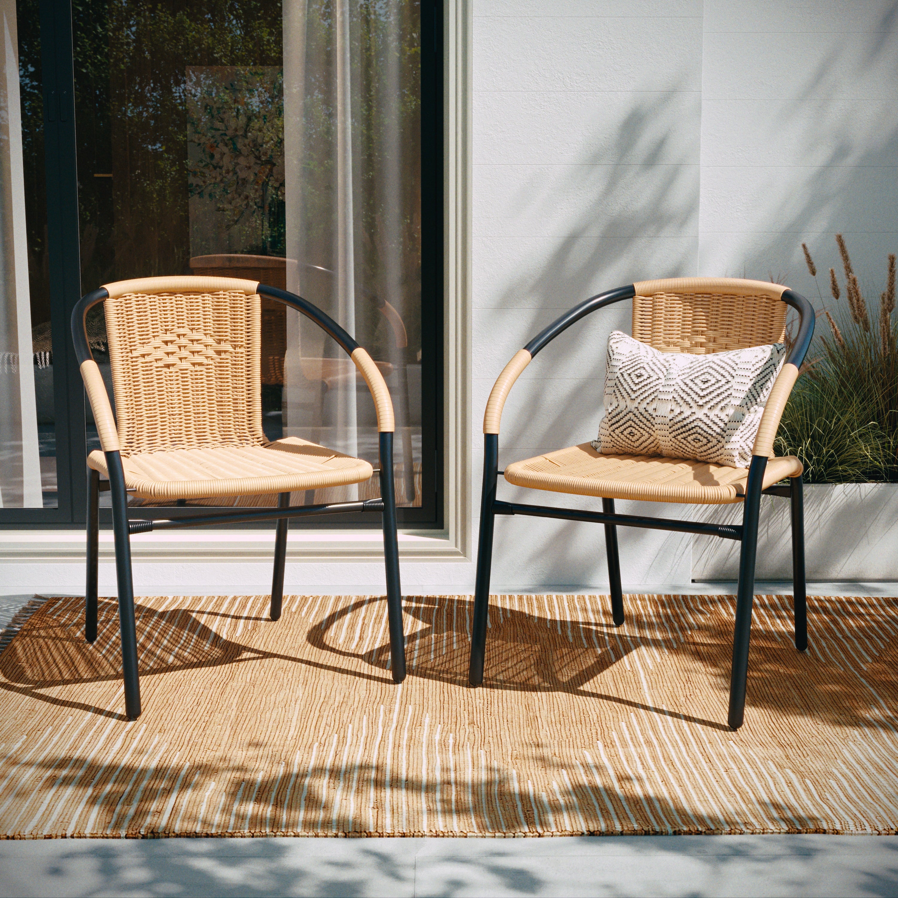 Lila Set of 2 Commercial Grade Beige Rattan Indoor-Outdoor Restaurant Stack Chairs