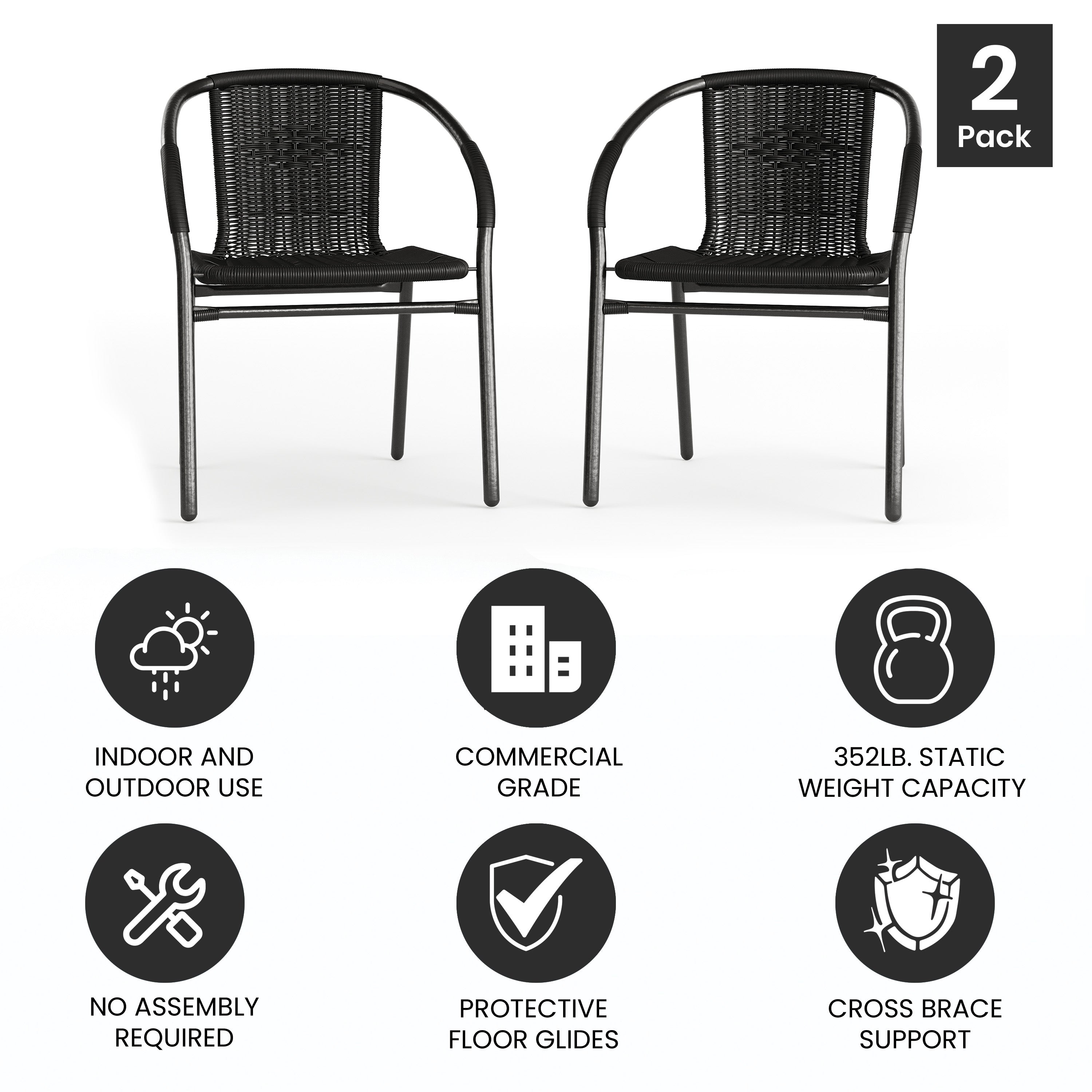 Lila Set of 2 Commercial Grade Black Rattan Indoor-Outdoor Restaurant Stack Chairs