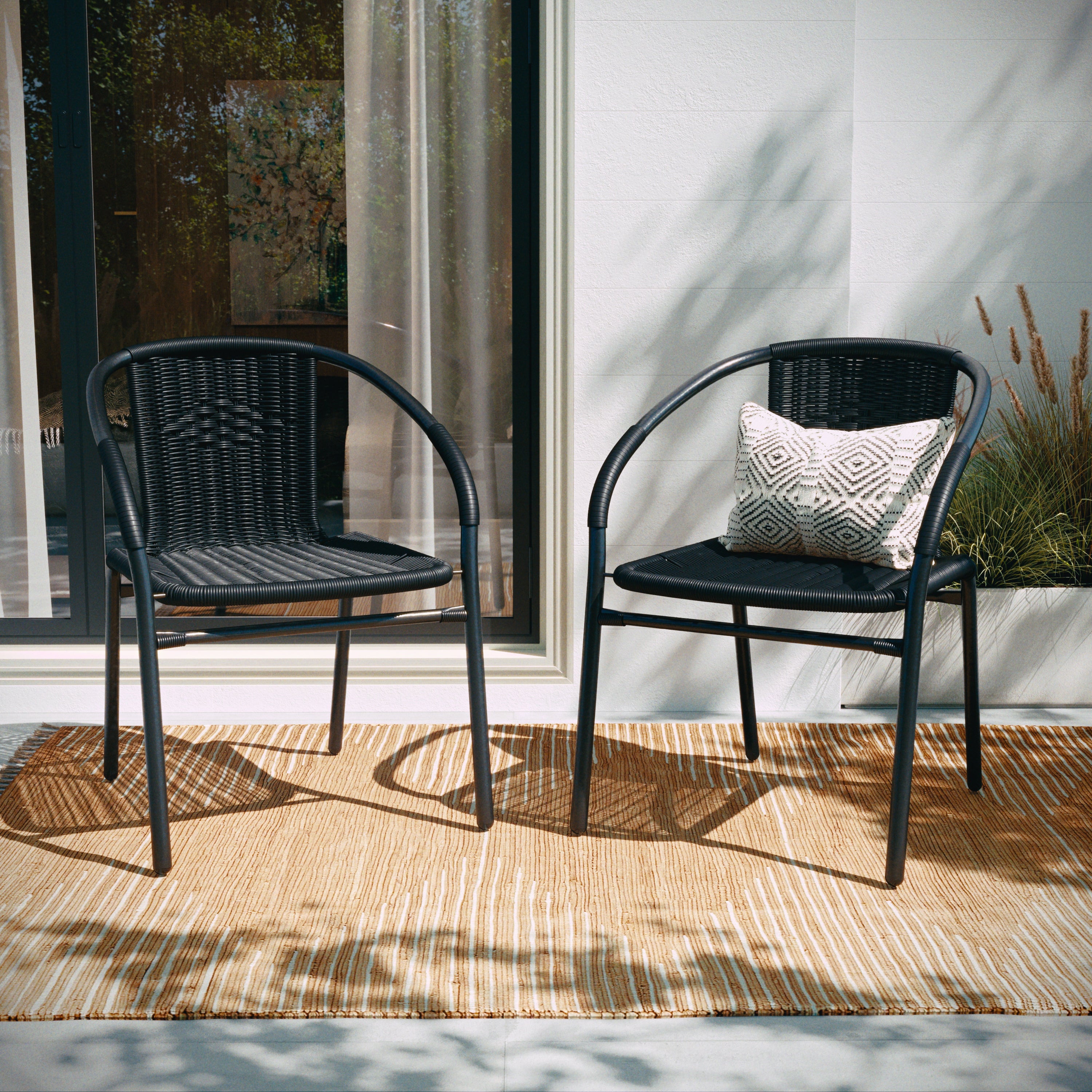 Lila Set of 2 Commercial Grade Black Rattan Indoor-Outdoor Restaurant Stack Chairs