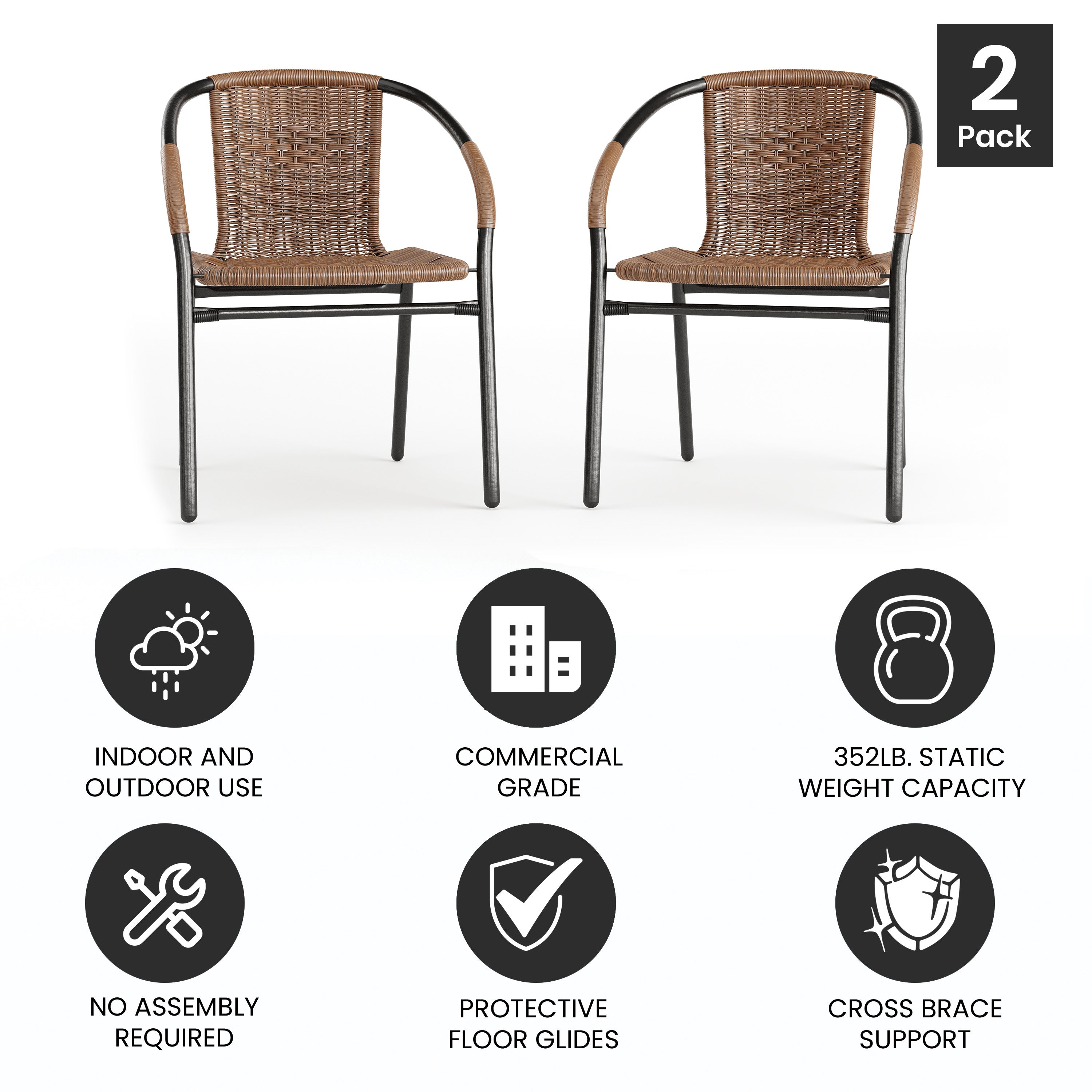 Lila Set of 2 Commercial Grade Medium Brown Rattan Indoor-Outdoor Restaurant Stack Chairs