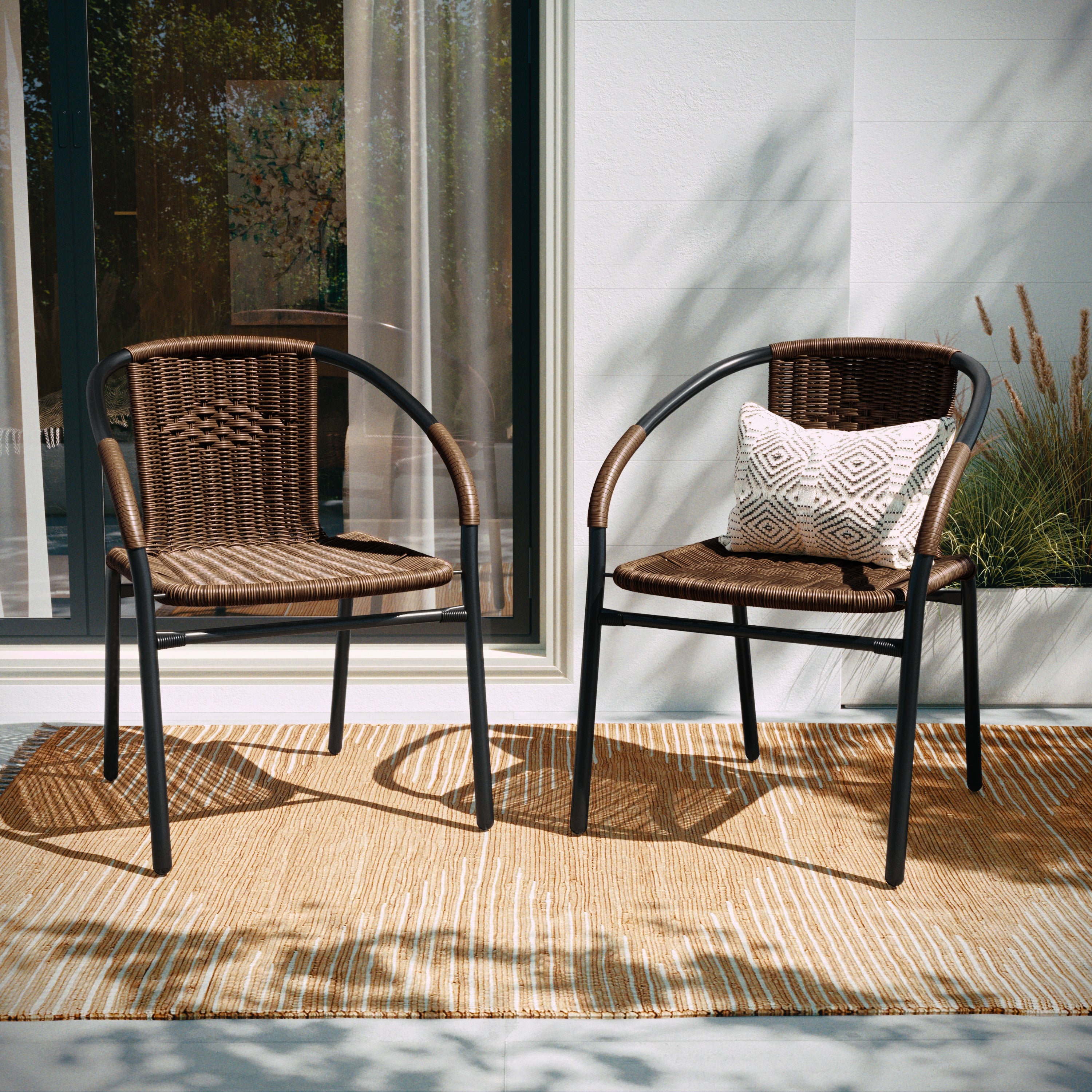 Lila Set of 2 Commercial Grade Medium Brown Rattan Indoor-Outdoor Restaurant Stack Chairs