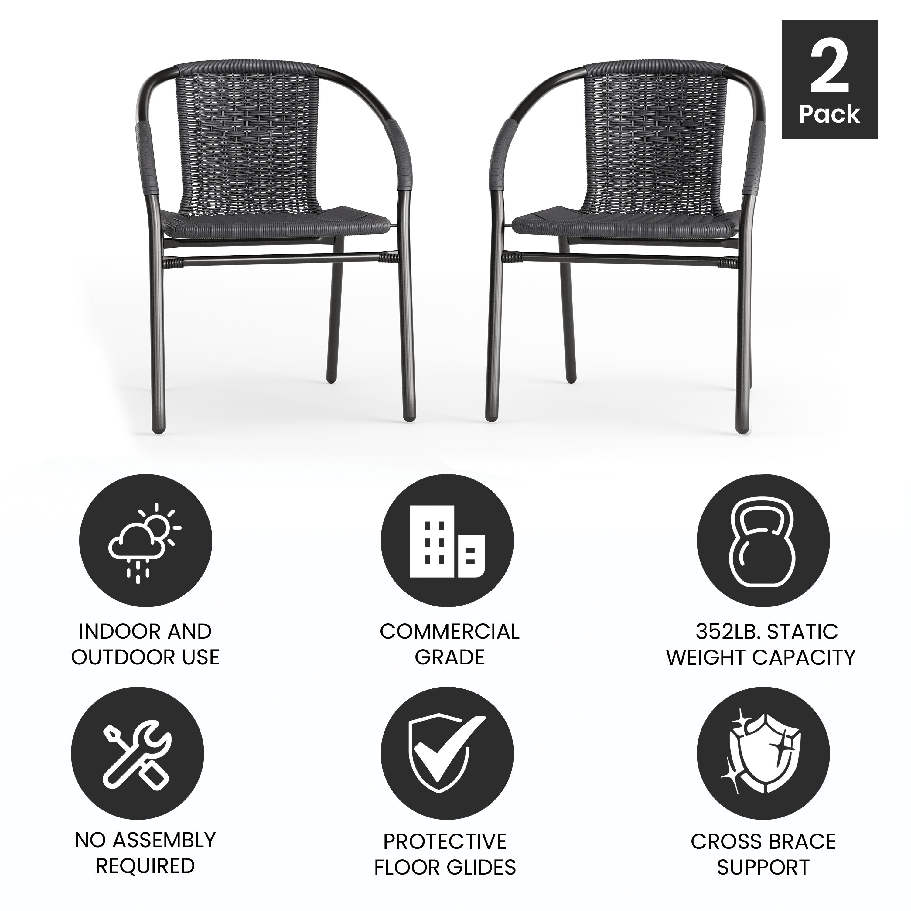 Lila Set of 2 Commercial Grade Gray Rattan Indoor-Outdoor Restaurant Stack Chairs