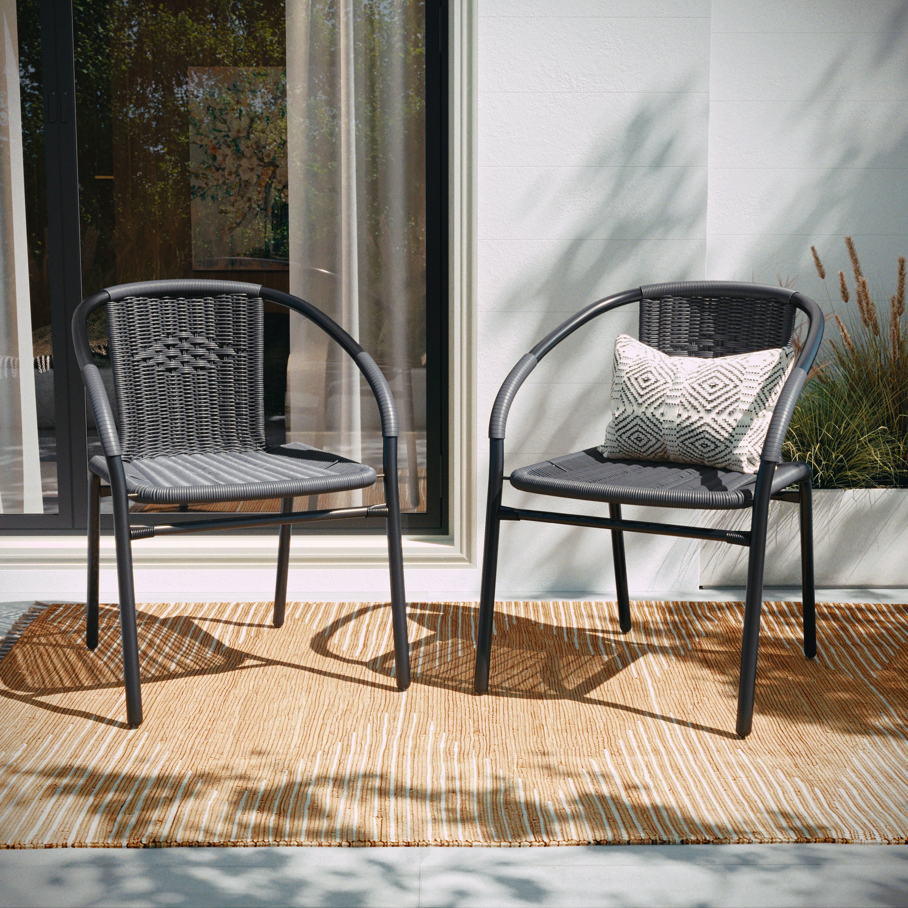 Lila Set of 2 Commercial Grade Gray Rattan Indoor-Outdoor Restaurant Stack Chairs