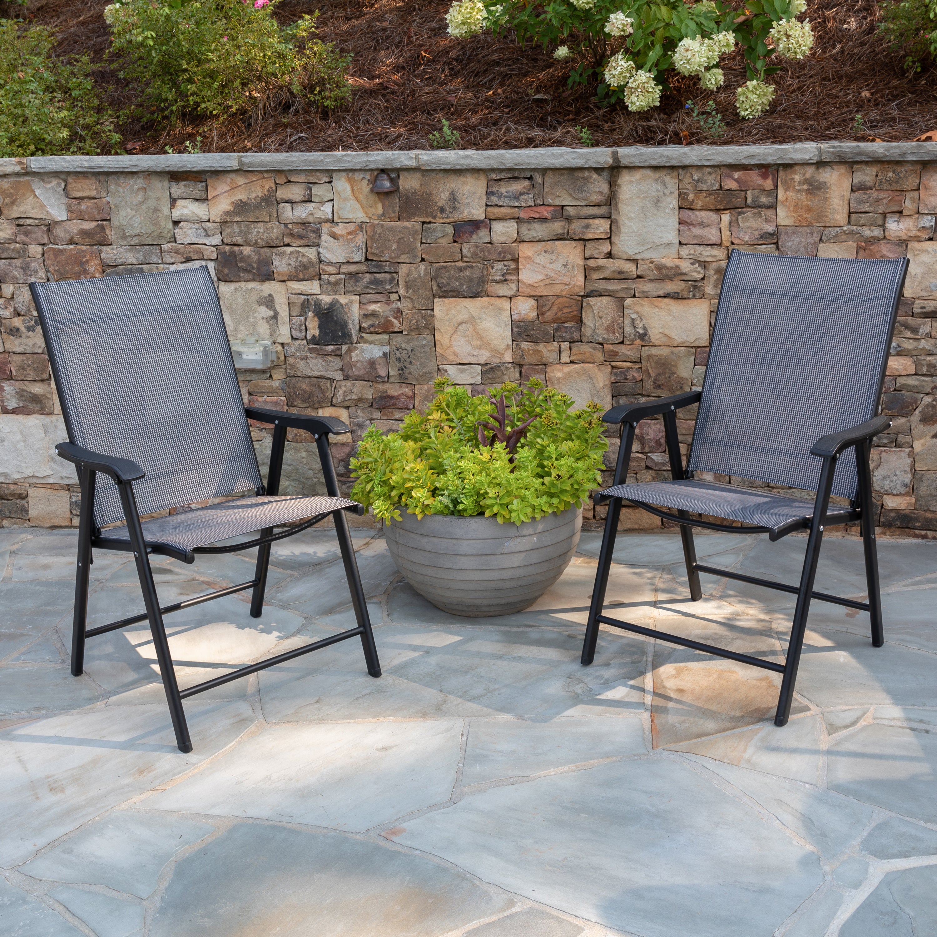 Paladin Gray Outdoor Folding Patio Sling Chair with Black Frame (2 Pack)