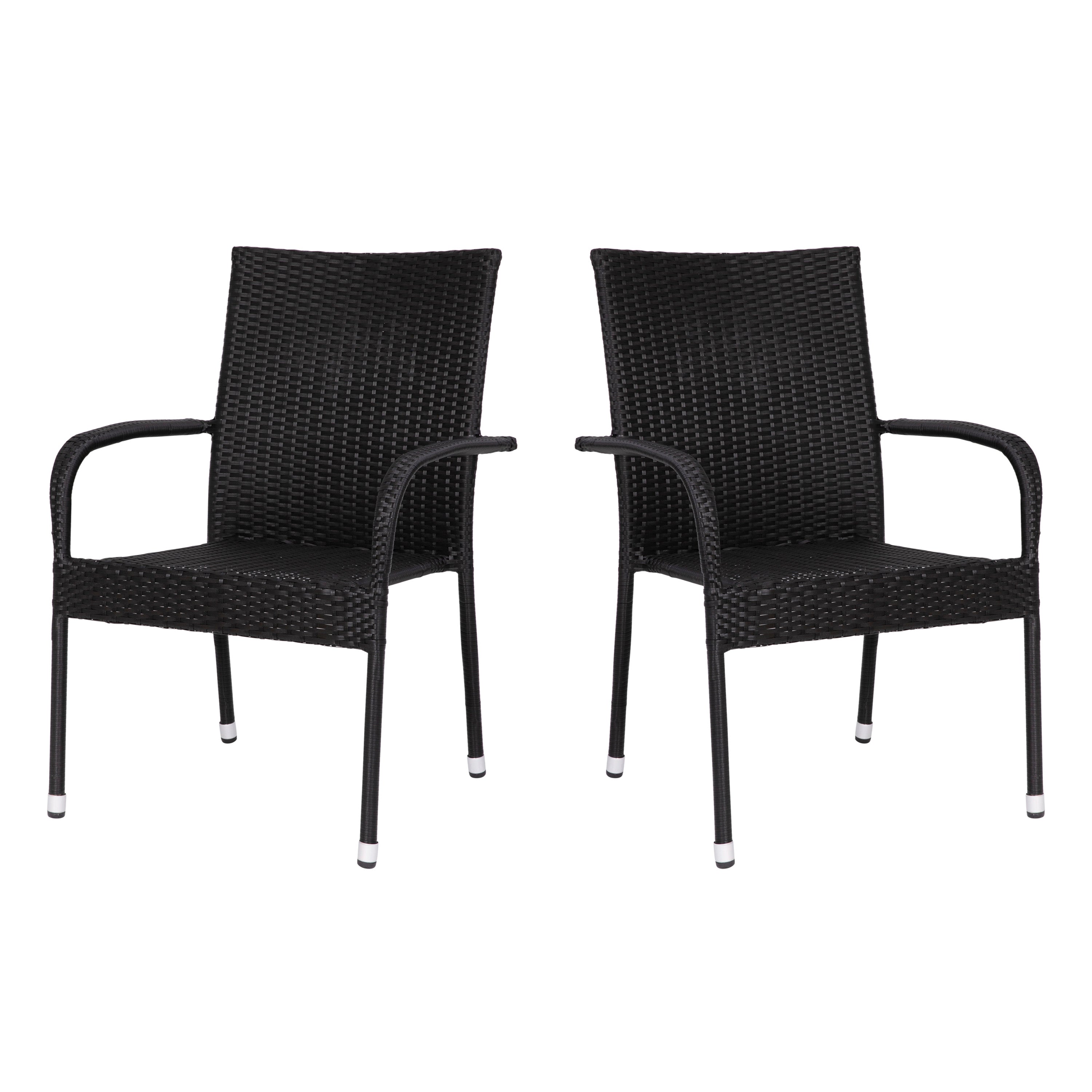 Maxim Set of 2 Stackable Indoor/Outdoor Wicker Dining Chairs with Arms - Fade & Weather-Resistant Steel Frames - Black