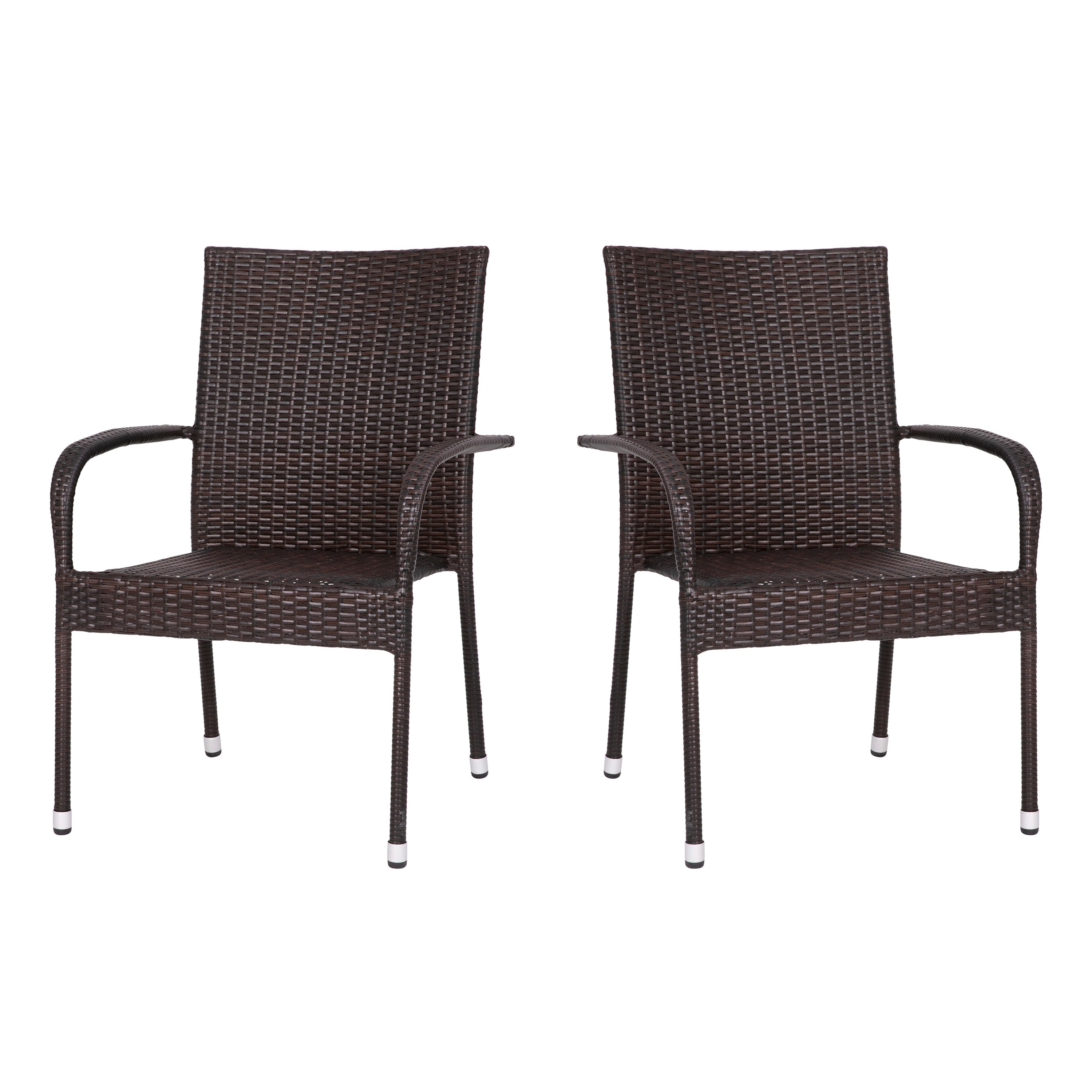 Maxim Set of 2 Stackable Indoor/Outdoor Wicker Dining Chairs with Arms - Fade & Weather-Resistant Steel Frames - Espresso