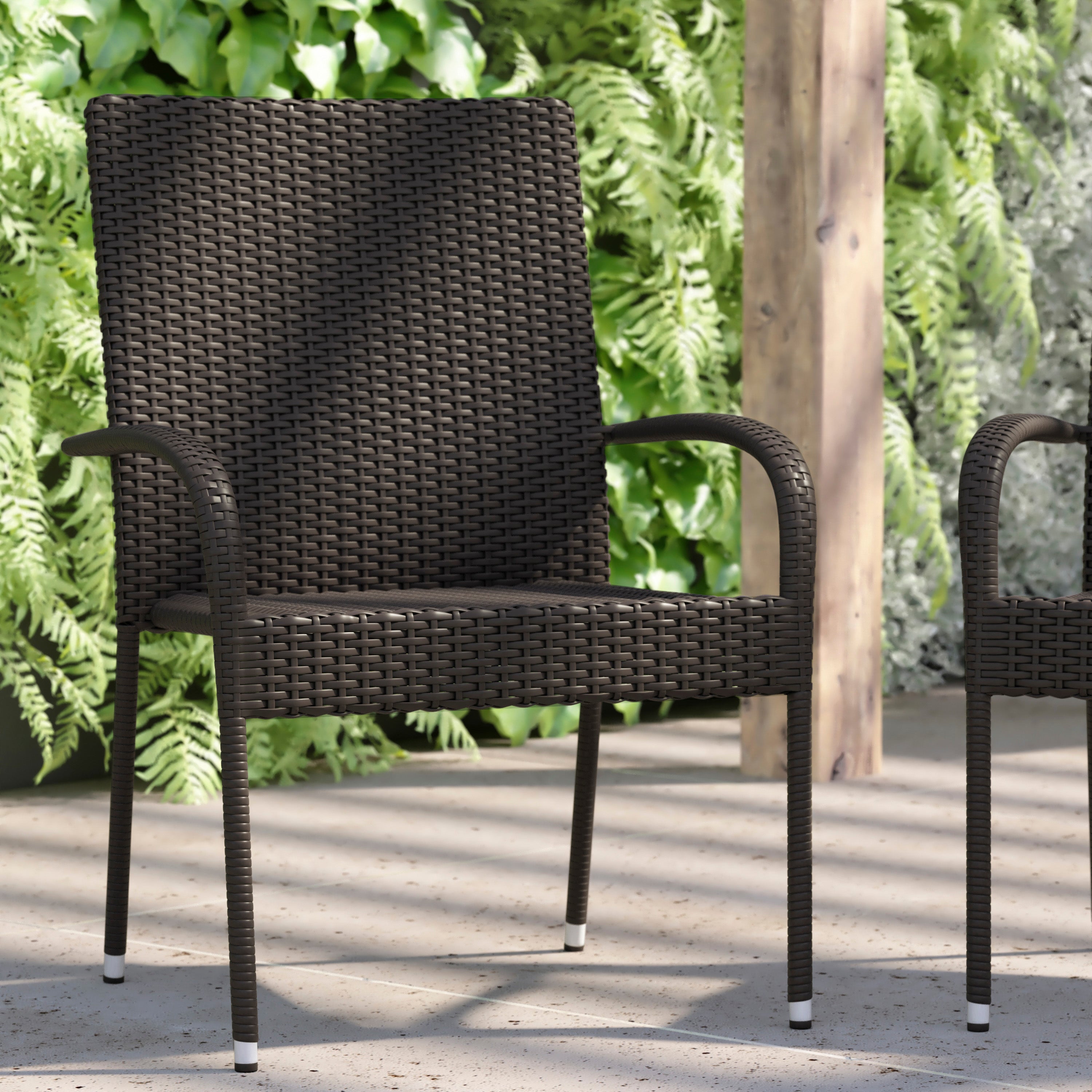 Maxim Set of 2 Stackable Indoor/Outdoor Wicker Dining Chairs with Arms - Fade & Weather-Resistant Steel Frames - Espresso