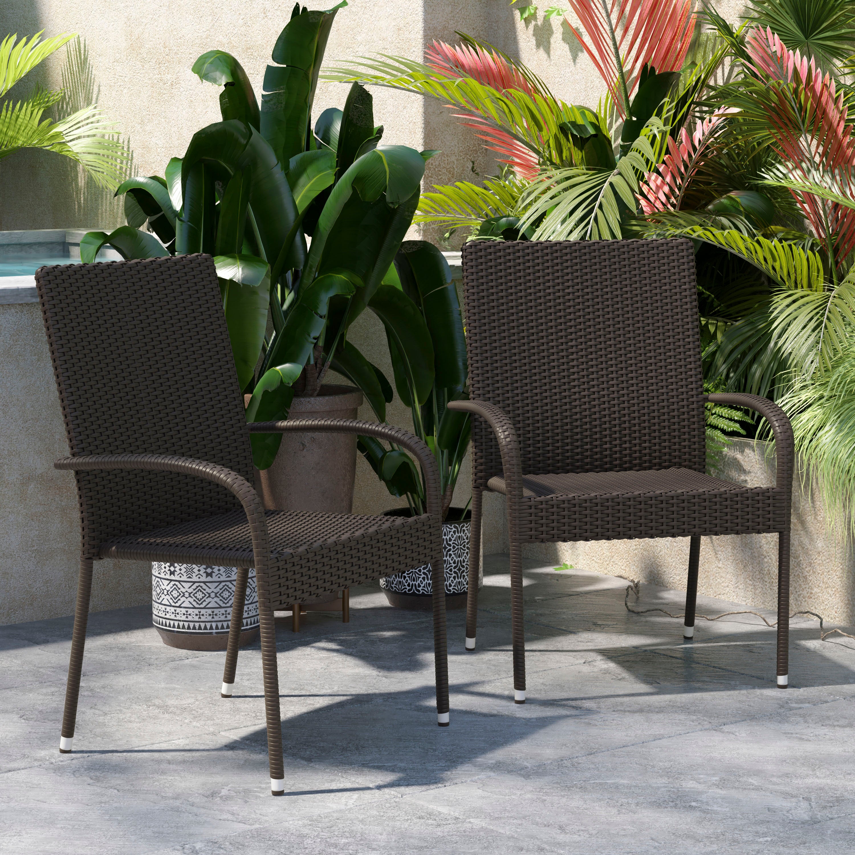 Maxim Set of 2 Stackable Indoor/Outdoor Wicker Dining Chairs with Arms - Fade & Weather-Resistant Steel Frames - Espresso