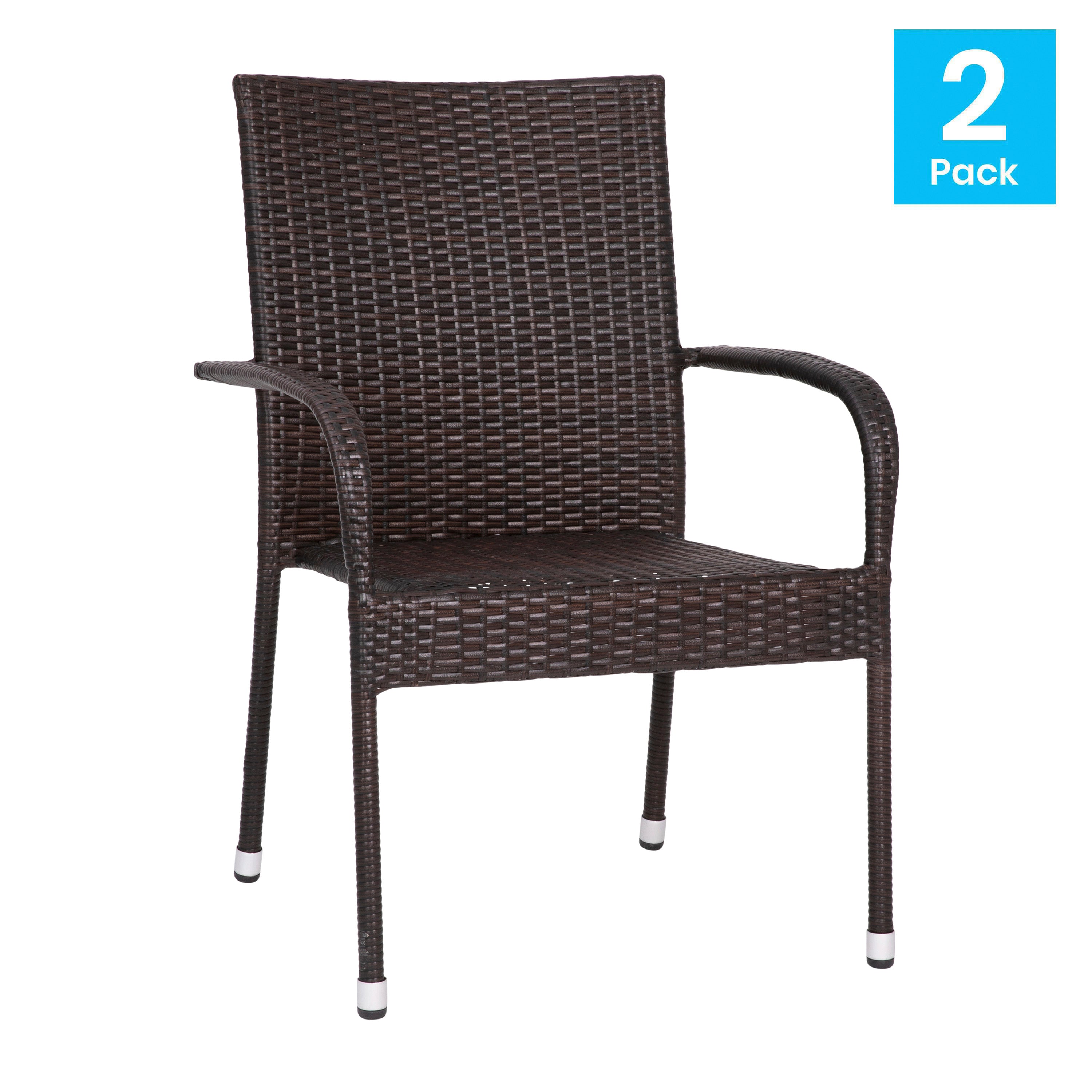 Maxim Set of 2 Stackable Indoor/Outdoor Wicker Dining Chairs with Arms - Fade & Weather-Resistant Steel Frames - Espresso
