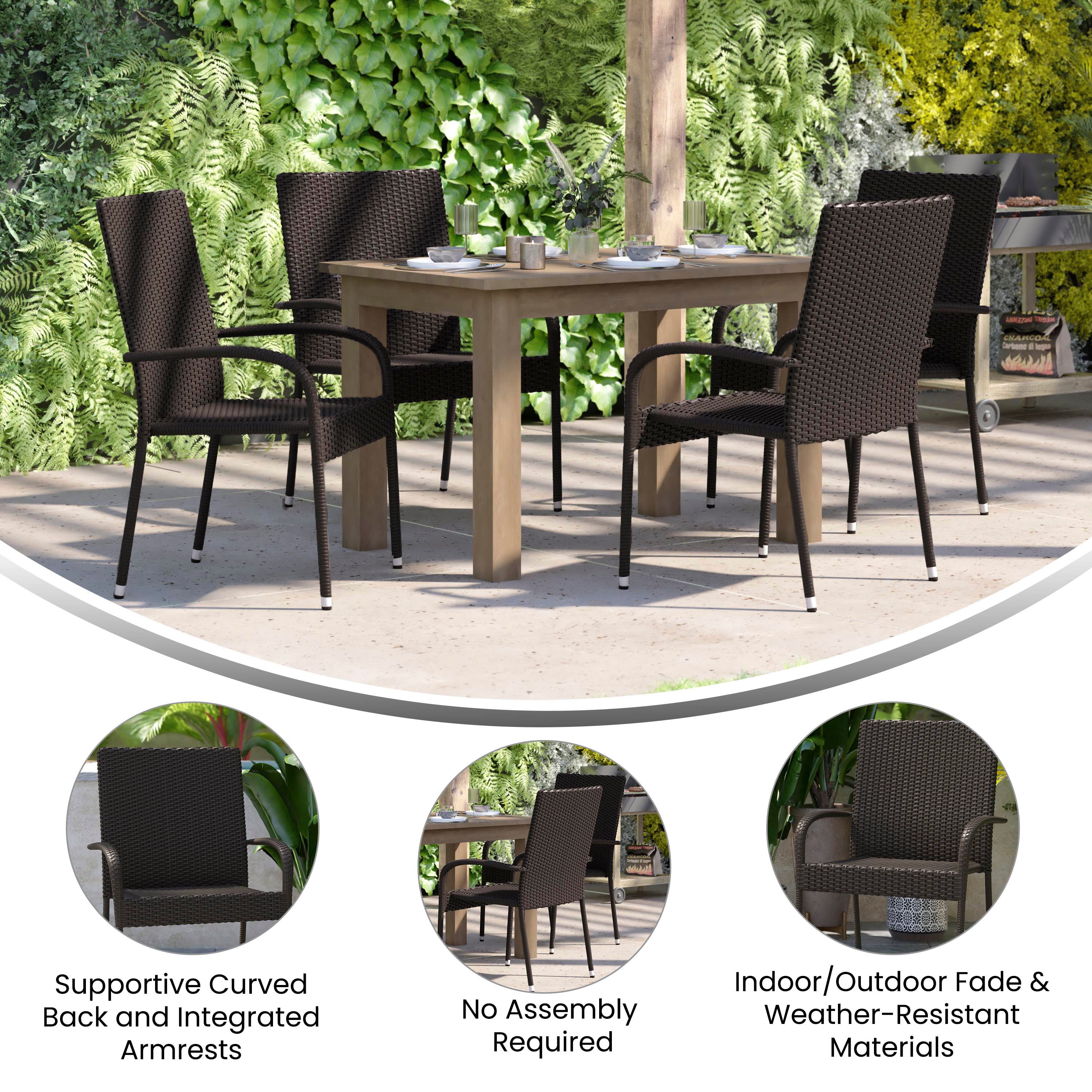 Maxim Set of 2 Stackable Indoor/Outdoor Wicker Dining Chairs with Arms - Fade & Weather-Resistant Steel Frames - Espresso