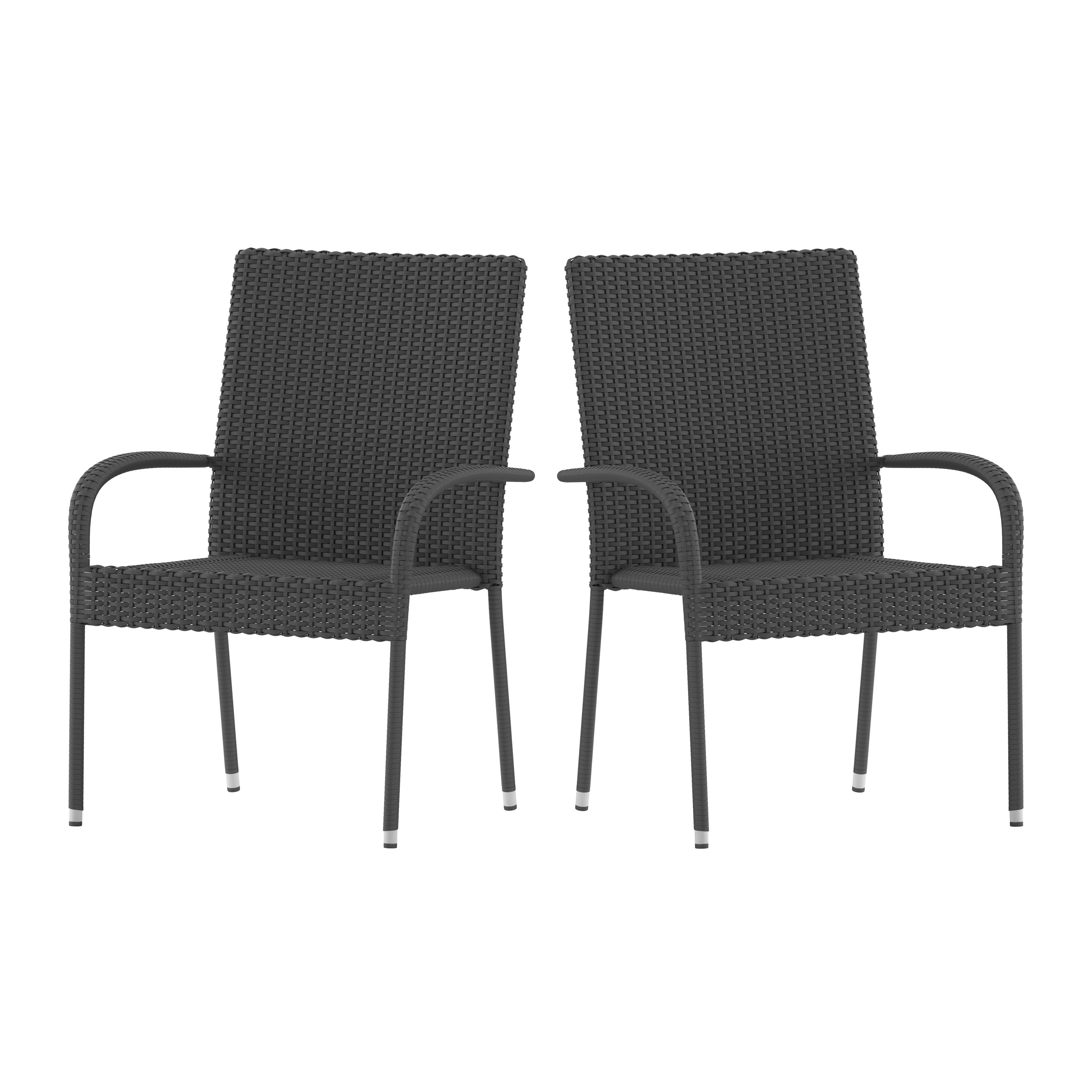 Maxim Set of 2 Stackable Indoor/Outdoor Wicker Dining Chairs with Arms - Fade & Weather-Resistant Steel Frames - Gray