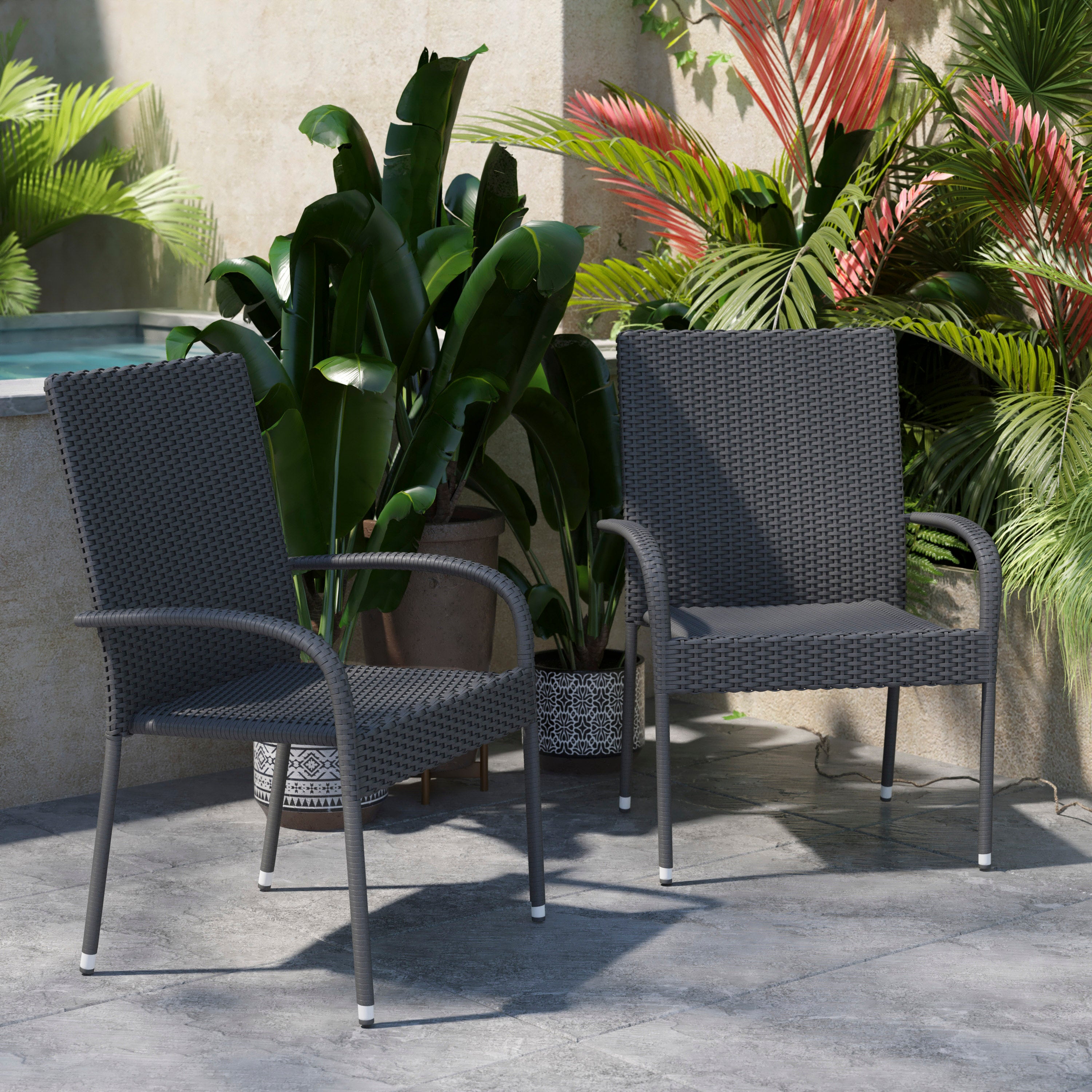 Maxim Set of 2 Stackable Indoor/Outdoor Wicker Dining Chairs with Arms - Fade & Weather-Resistant Steel Frames - Gray