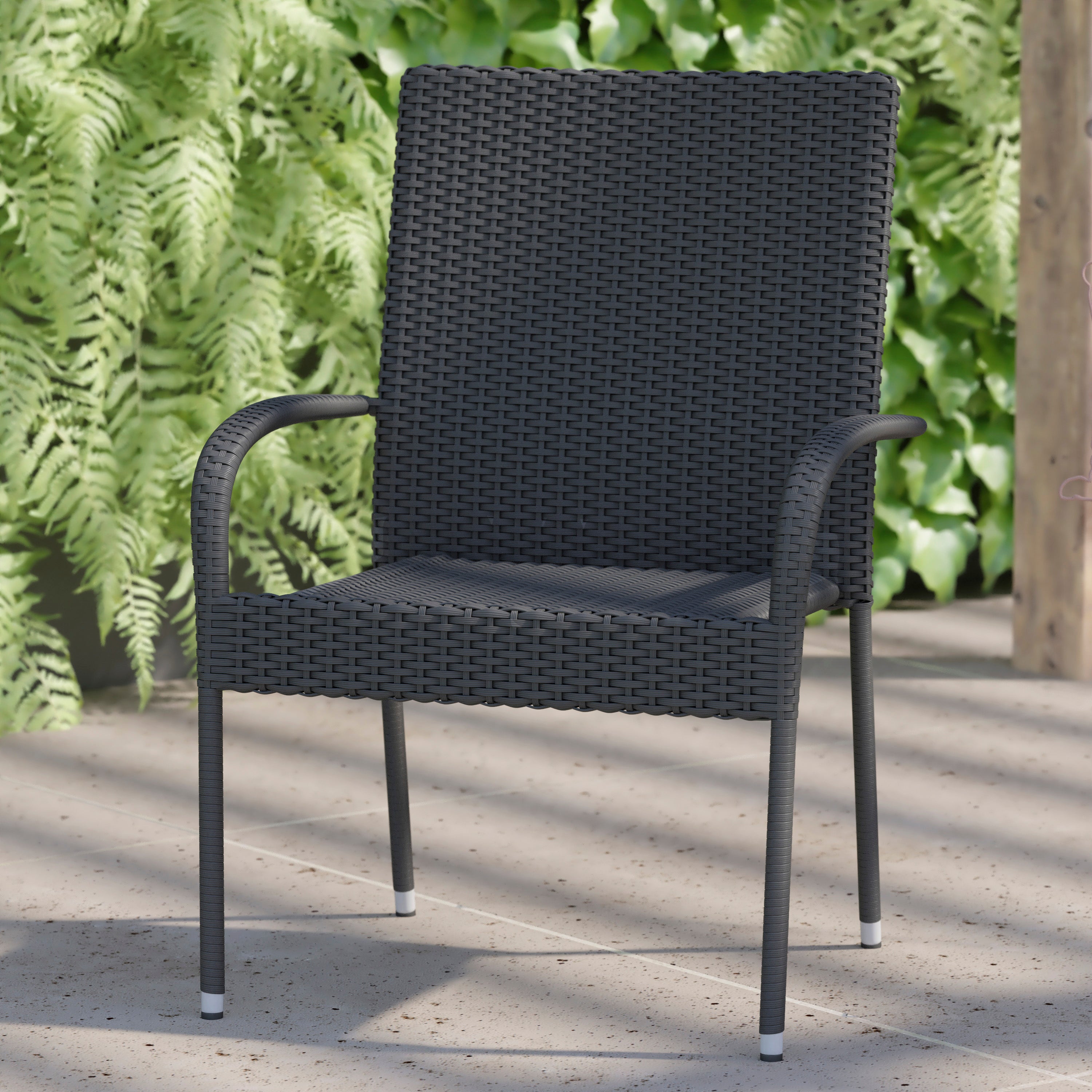 Maxim Set of 2 Stackable Indoor/Outdoor Wicker Dining Chairs with Arms - Fade & Weather-Resistant Steel Frames - Gray