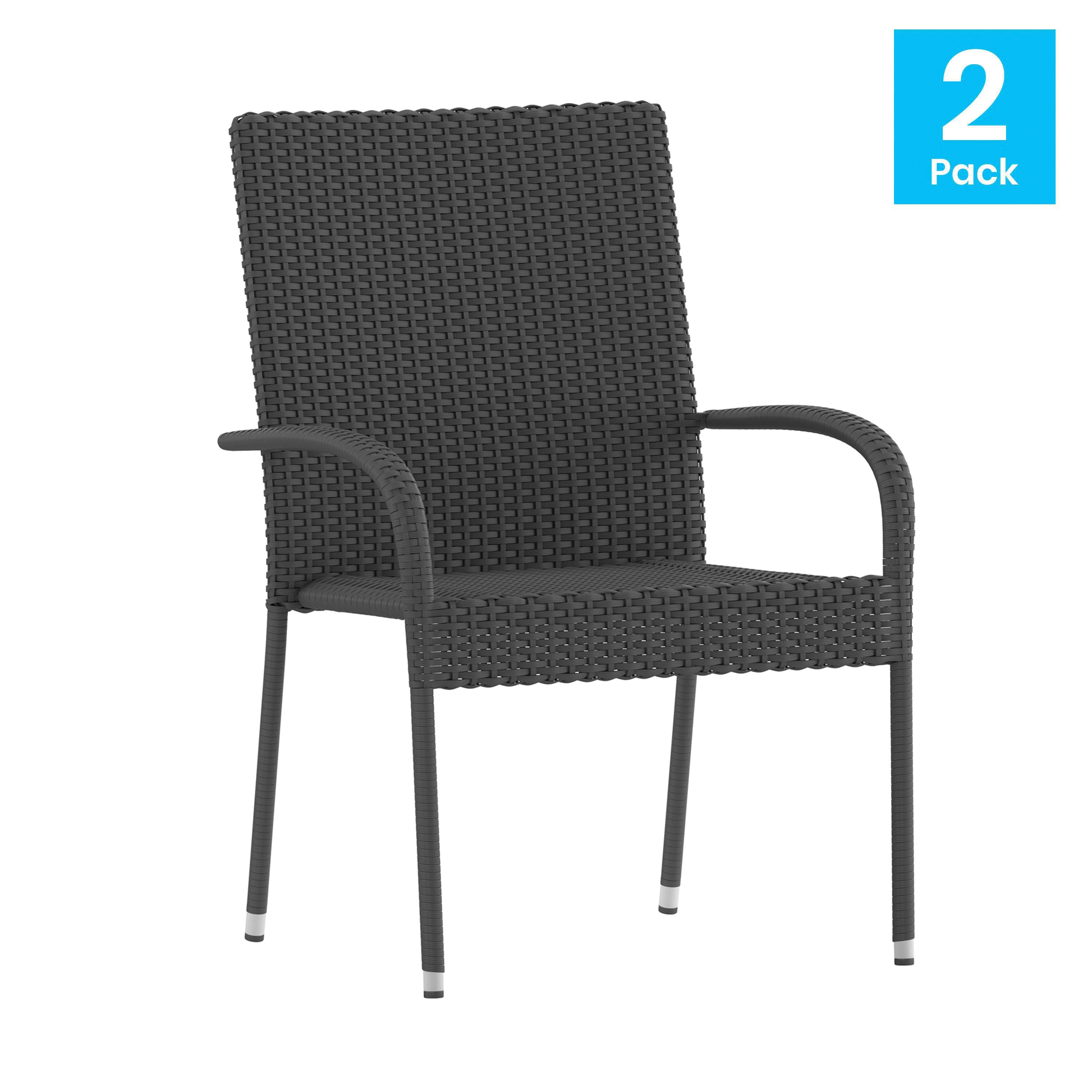 Maxim Set of 2 Stackable Indoor/Outdoor Wicker Dining Chairs with Arms - Fade & Weather-Resistant Steel Frames - Gray