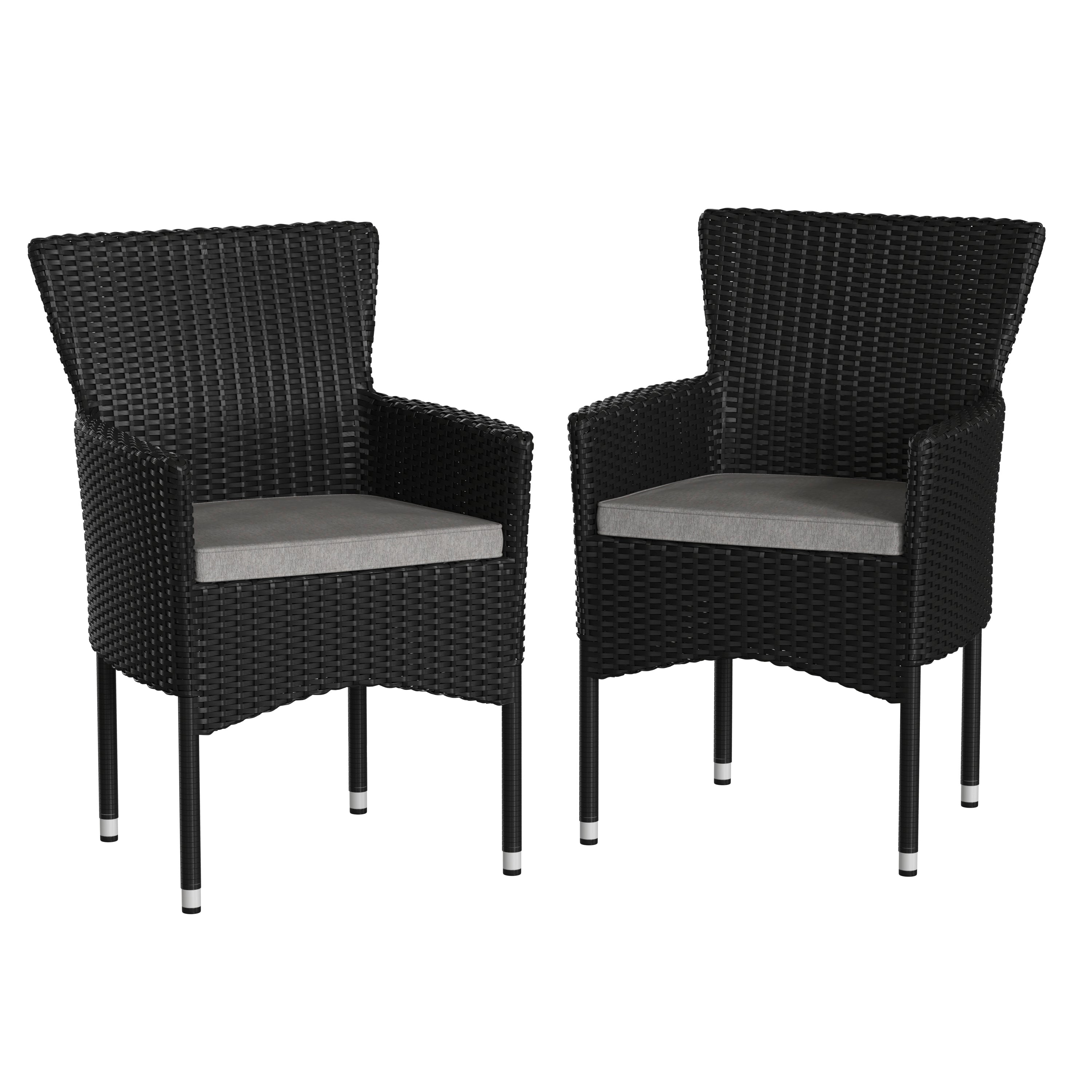 Maxim Modern Black Wicker Patio Armchairs for Deck or Backyard, Fade and Weather-Resistant Frames and Gray Cushions-Set of 2