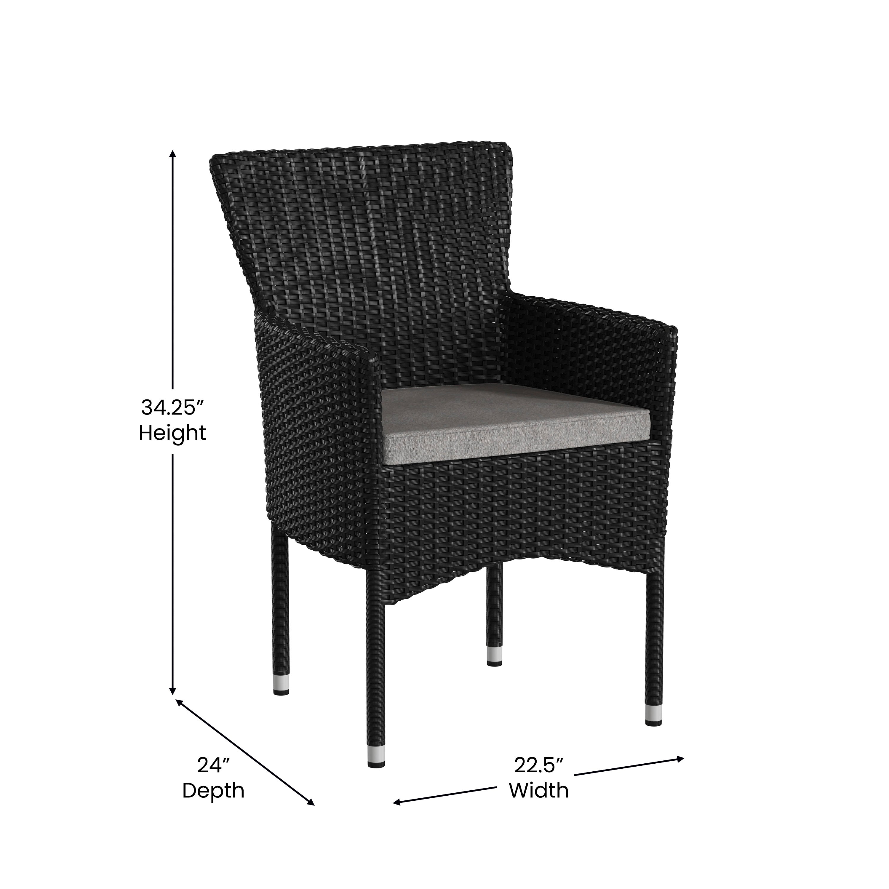 Maxim Modern Black Wicker Patio Armchairs for Deck or Backyard, Fade and Weather-Resistant Frames and Gray Cushions-Set of 2