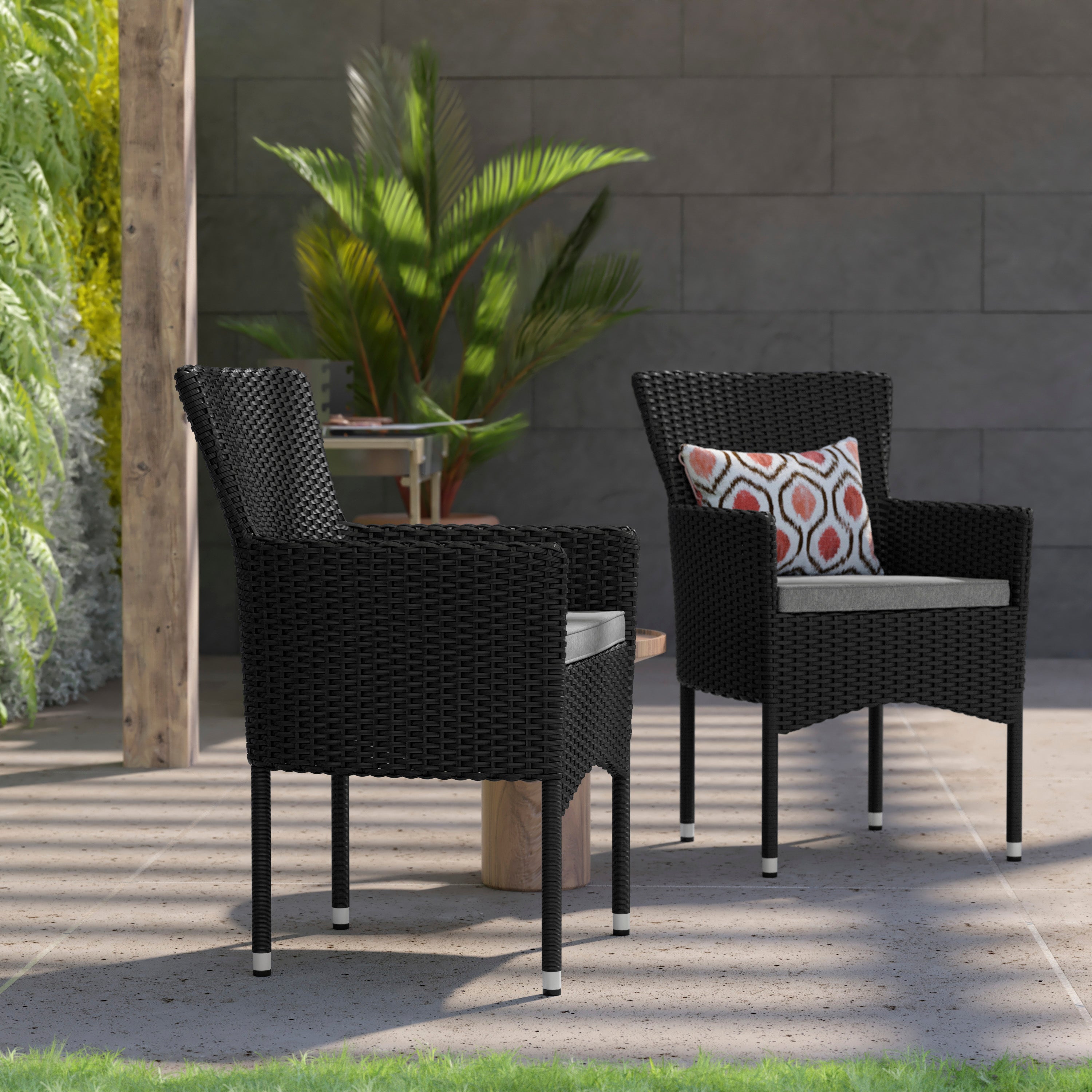 Maxim Modern Black Wicker Patio Armchairs for Deck or Backyard, Fade and Weather-Resistant Frames and Gray Cushions-Set of 2