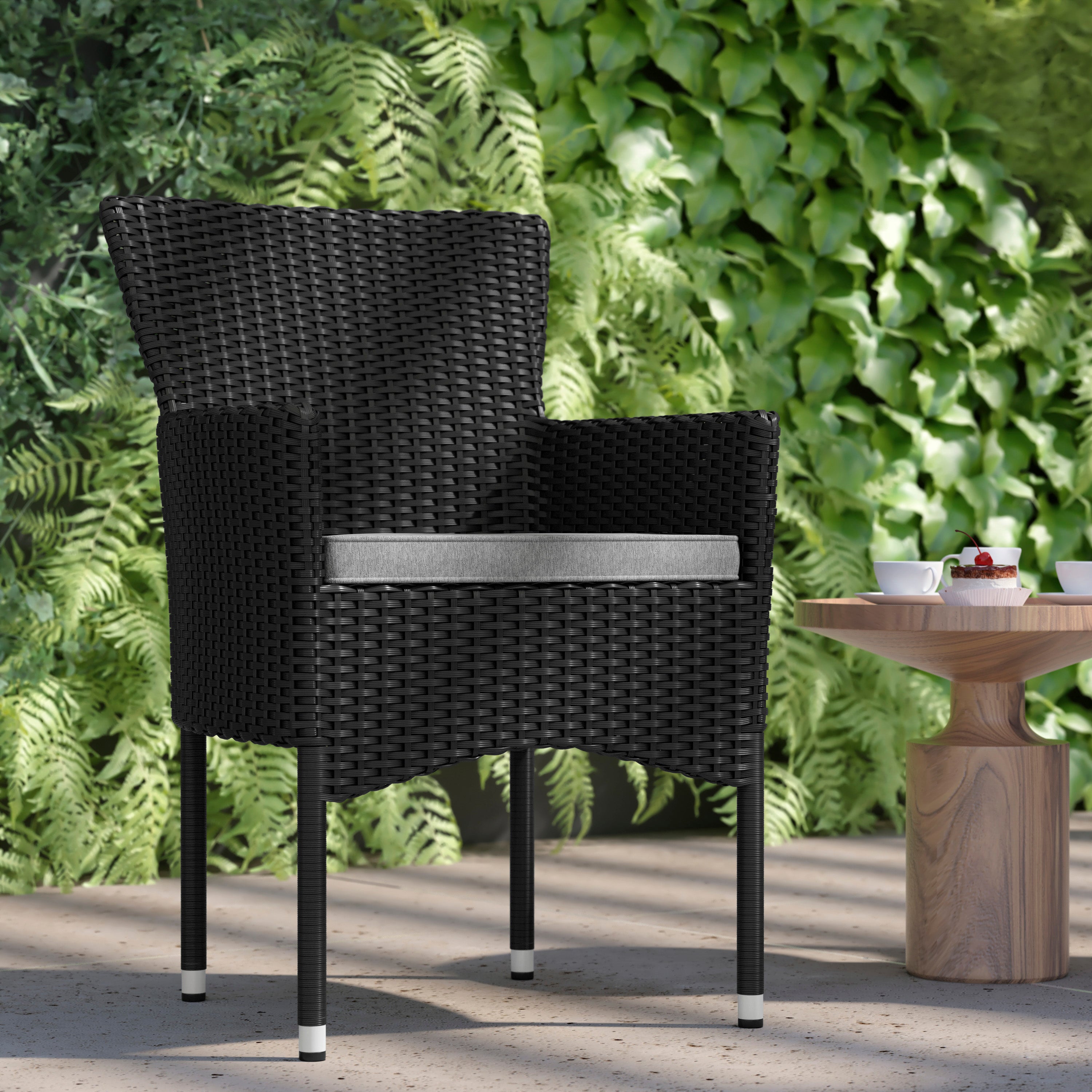 Maxim Modern Black Wicker Patio Armchairs for Deck or Backyard, Fade and Weather-Resistant Frames and Gray Cushions-Set of 2