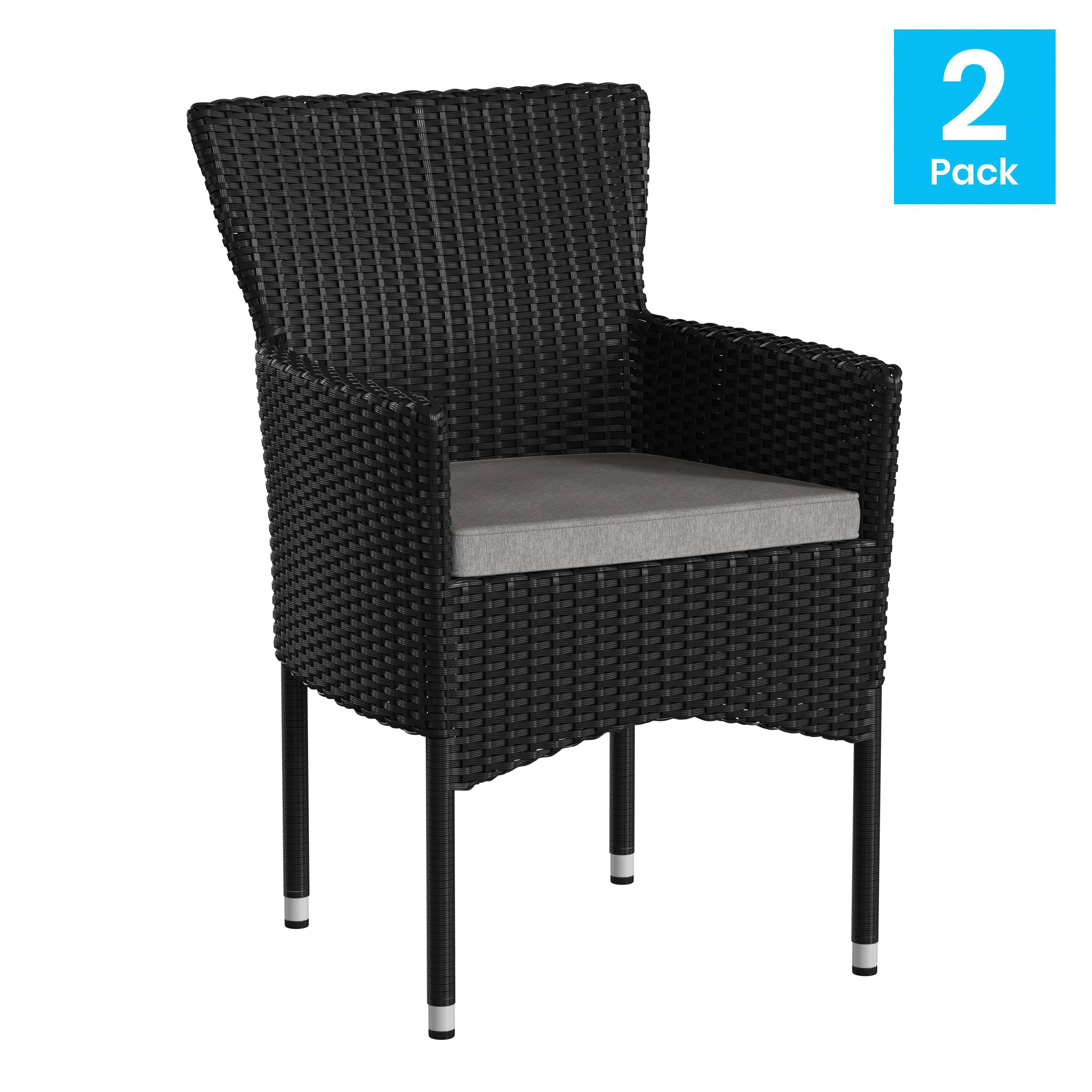 Maxim Modern Black Wicker Patio Armchairs for Deck or Backyard, Fade and Weather-Resistant Frames and Gray Cushions-Set of 2