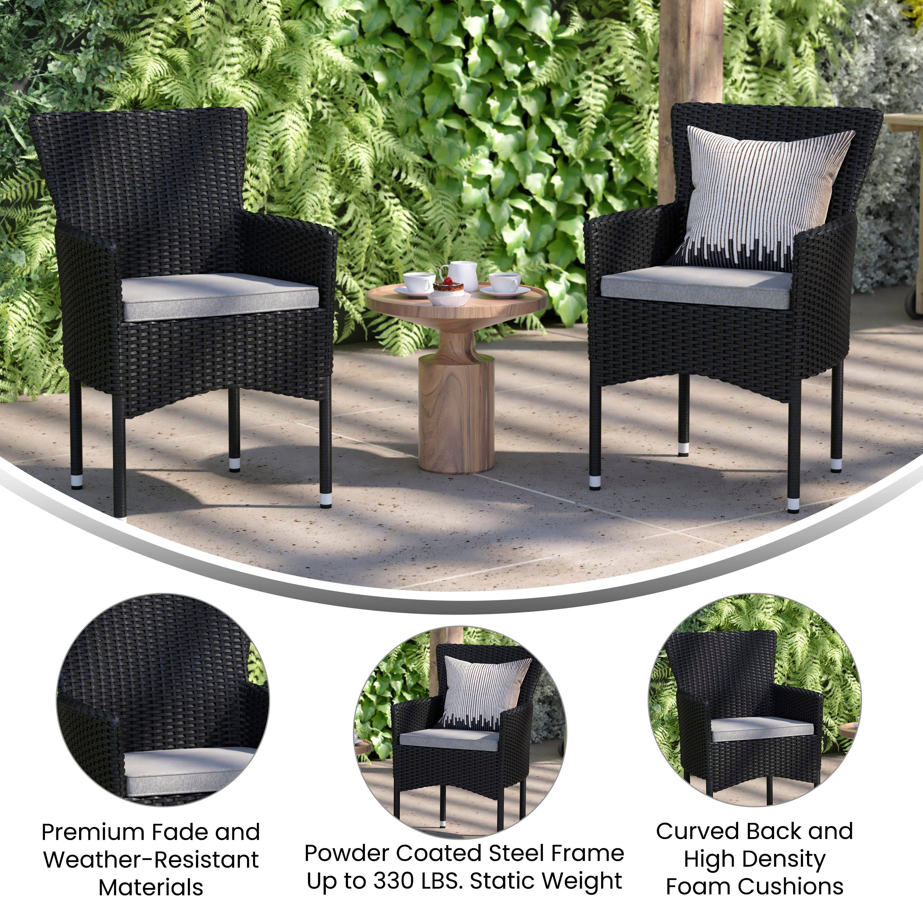 Maxim Modern Black Wicker Patio Armchairs for Deck or Backyard, Fade and Weather-Resistant Frames and Gray Cushions-Set of 2
