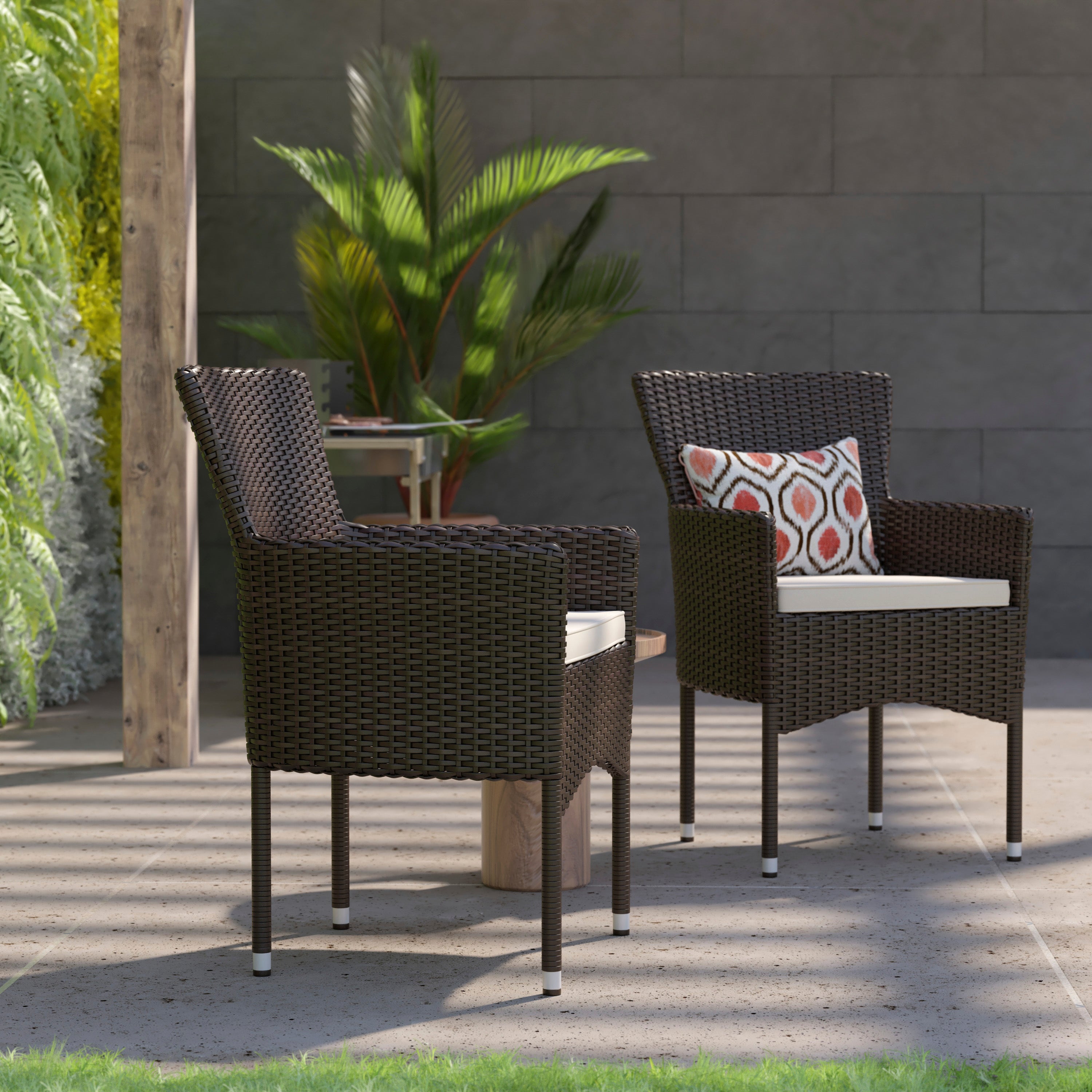 Maxim Modern Espresso Wicker Patio Armchairs for Deck or Backyard, Fade and Weather-Resistant Frames and Cream Cushions-Set of 2