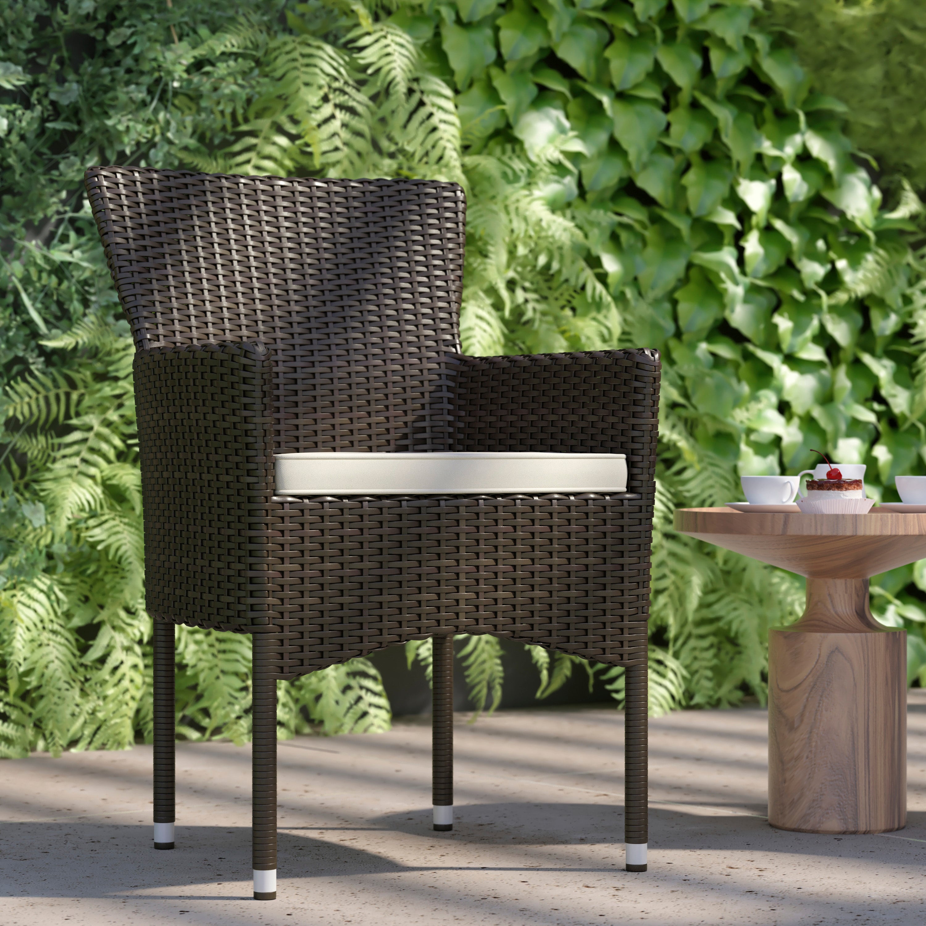Maxim Modern Espresso Wicker Patio Armchairs for Deck or Backyard, Fade and Weather-Resistant Frames and Cream Cushions-Set of 2