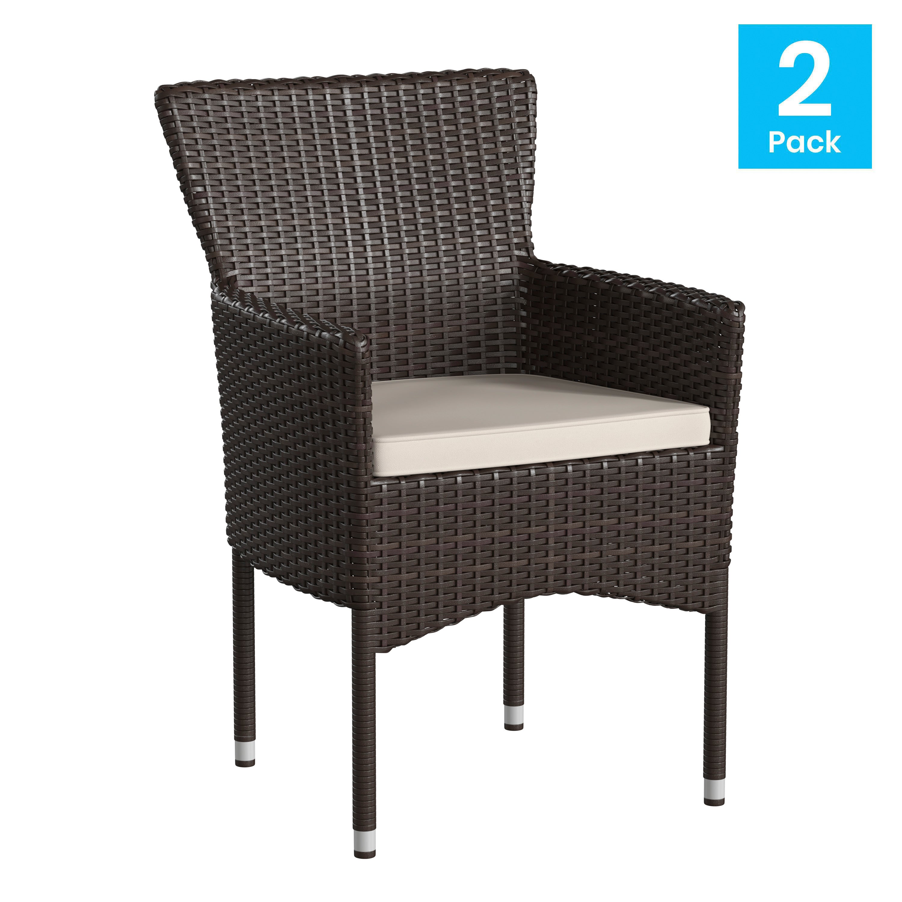 Maxim Modern Espresso Wicker Patio Armchairs for Deck or Backyard, Fade and Weather-Resistant Frames and Cream Cushions-Set of 2