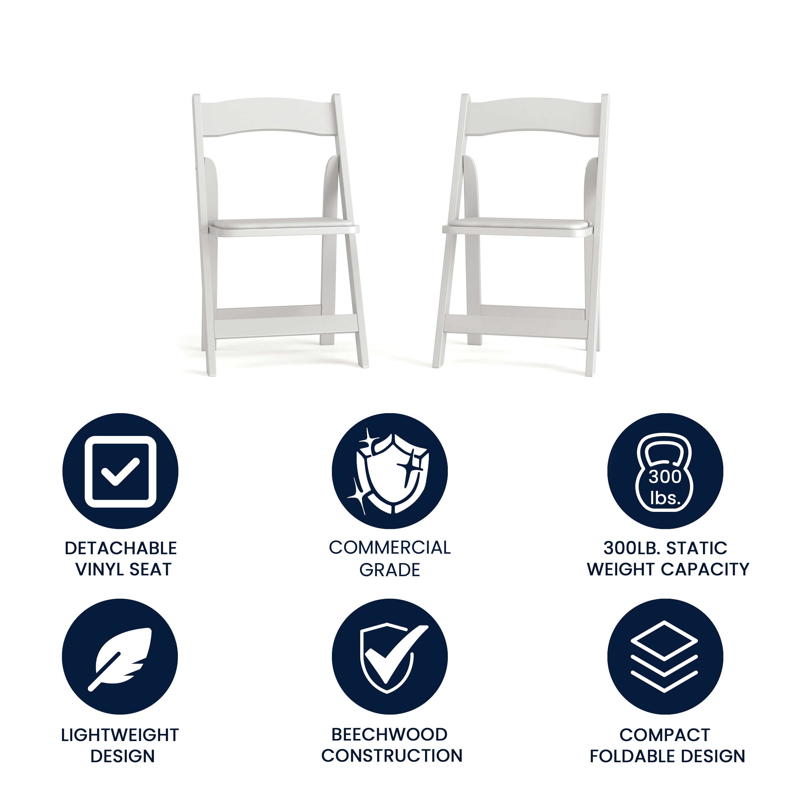 2 Pack HERCULES Series White Wood Folding Chair with Vinyl Padded Seat