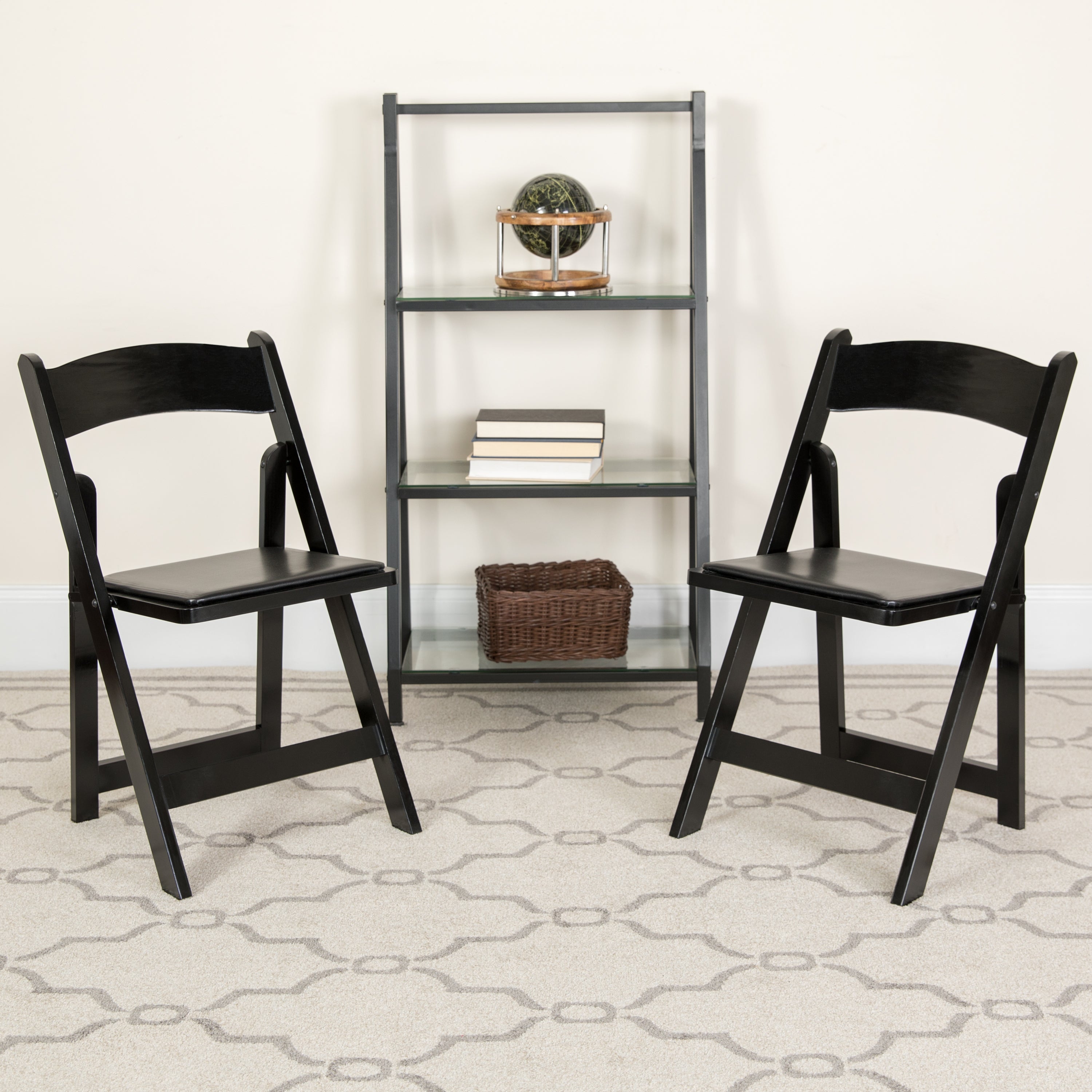 2 Pack HERCULES Series Black Wood Folding Chair with Vinyl Padded Seat
