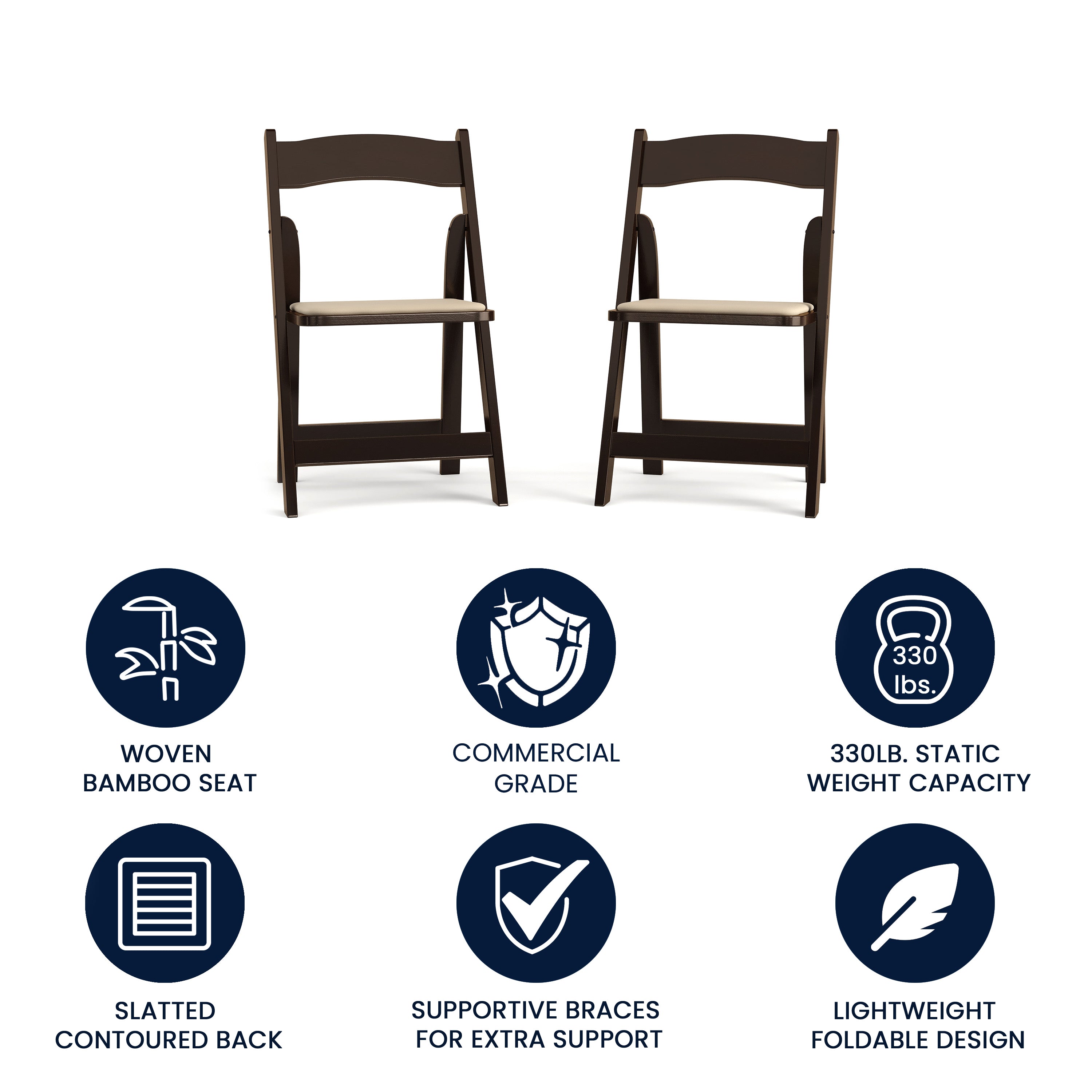 2 Pack HERCULES Series Fruitwood Wood Folding Chair with Vinyl Padded Seat