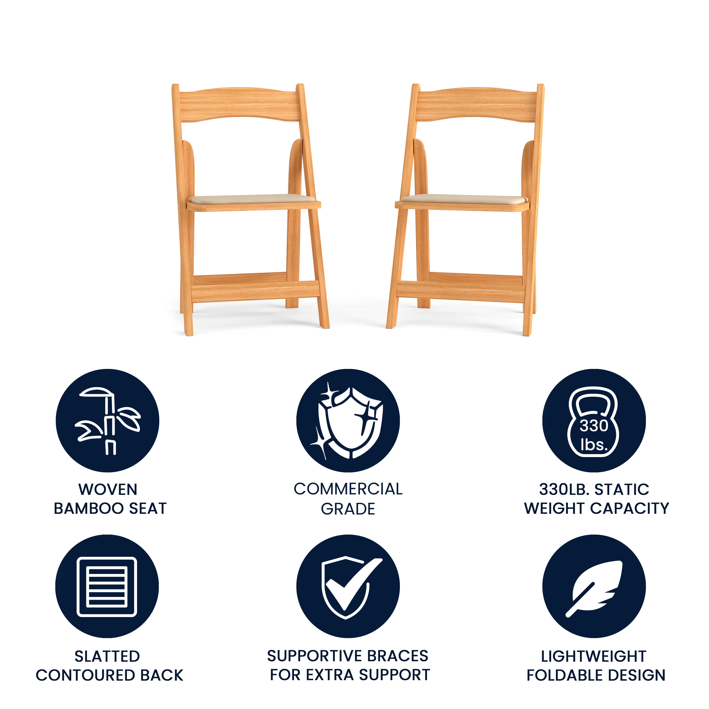 2 Pack HERCULES Series Natural Wood Folding Chair with Vinyl Padded Seat