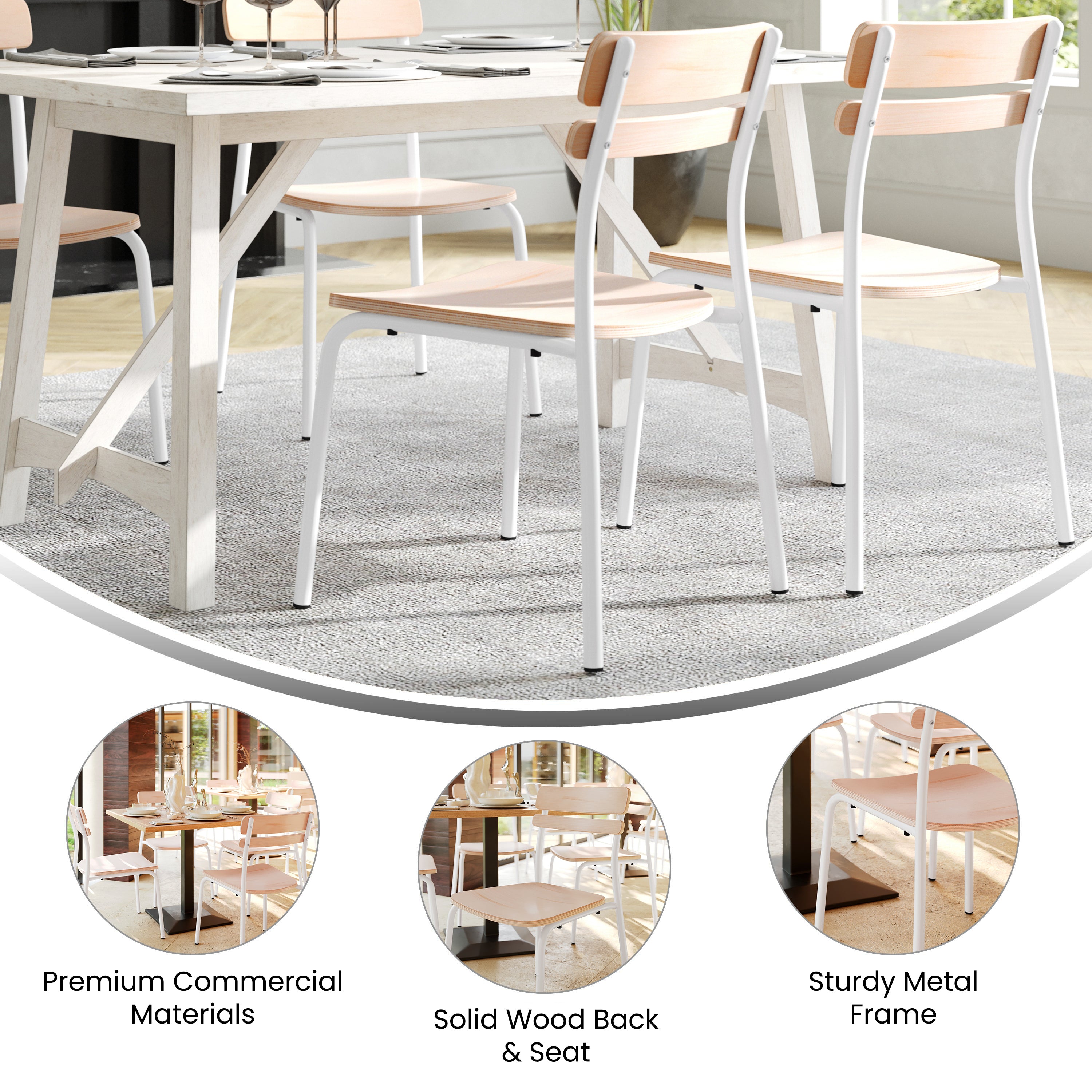 2 Pack Cyprus Commercial Grade Solid Wood Dining Chairs with White Metal Frames and Antique White Finish