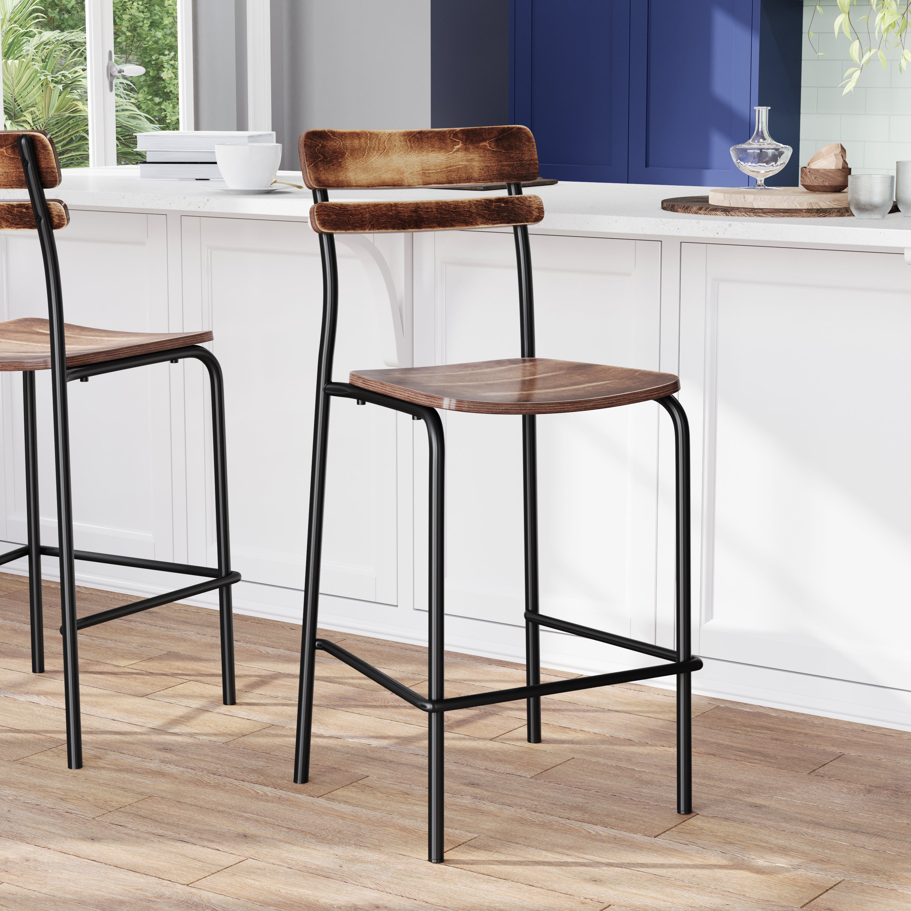 2 Pack Cyprus Commercial Grade Solid Wood Bar Stools with Black Metal Frames and Antique Copper Finish