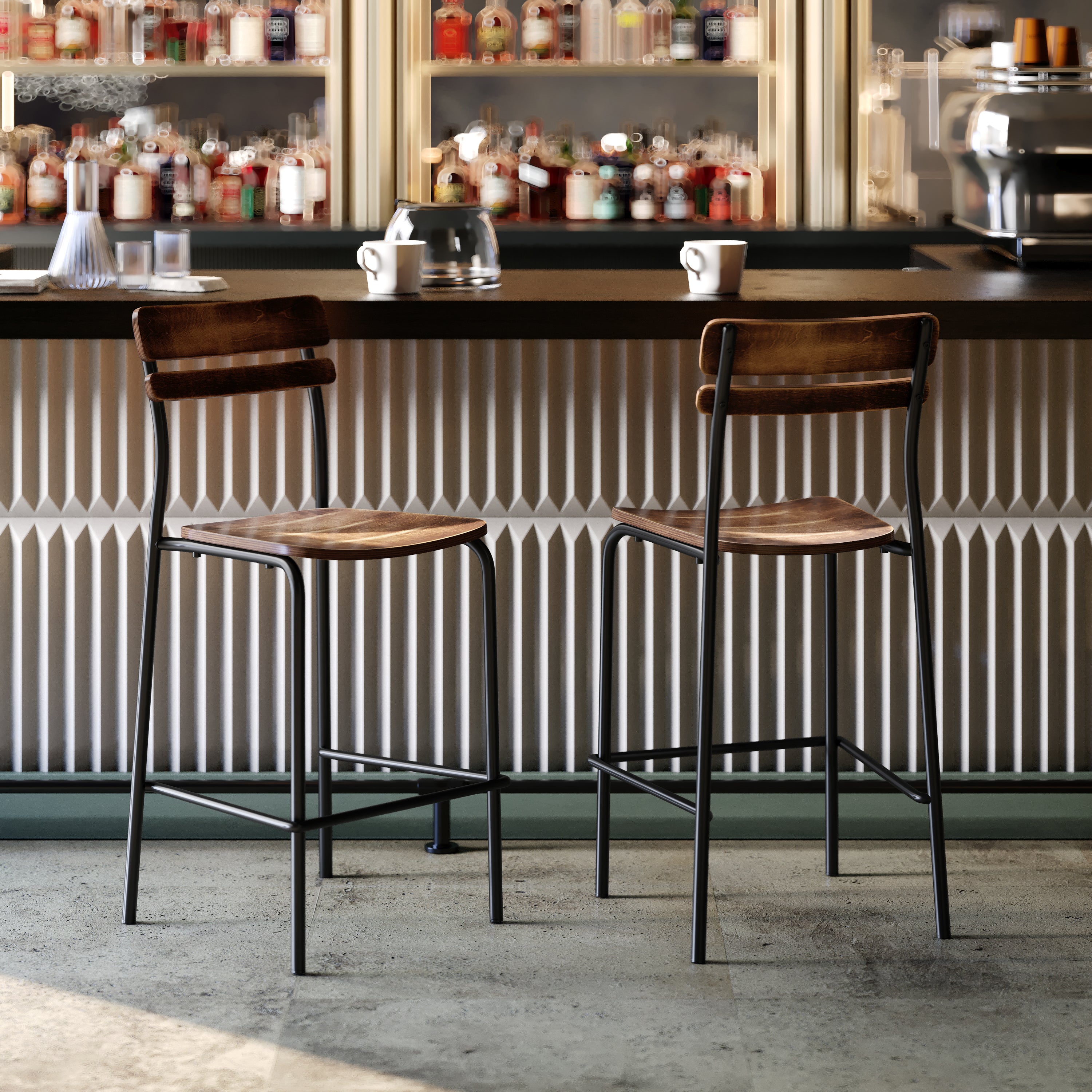 2 Pack Cyprus Commercial Grade Solid Wood Bar Stools with Black Metal Frames and Antique Copper Finish