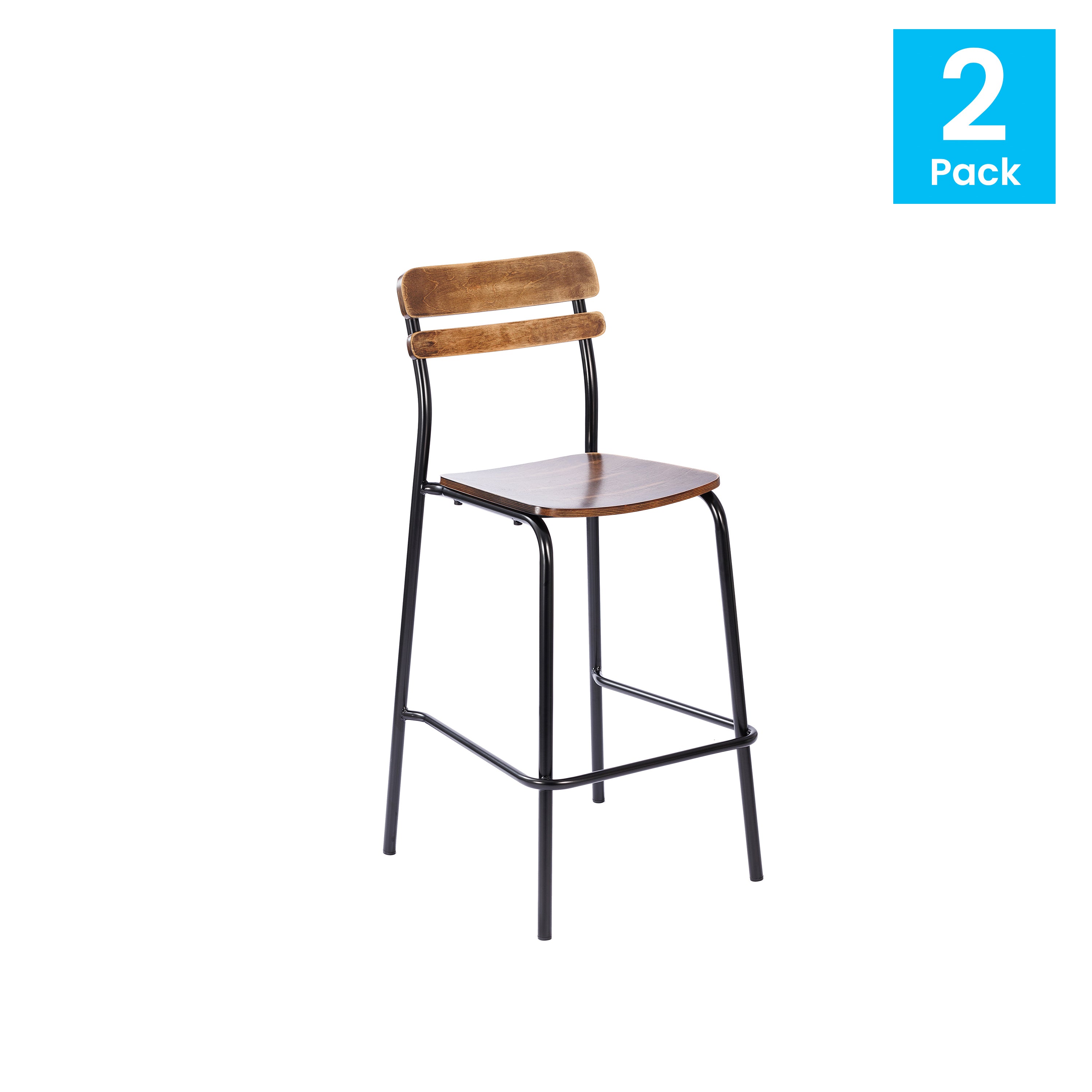 2 Pack Cyprus Commercial Grade Solid Wood Bar Stools with Black Metal Frames and Antique Copper Finish