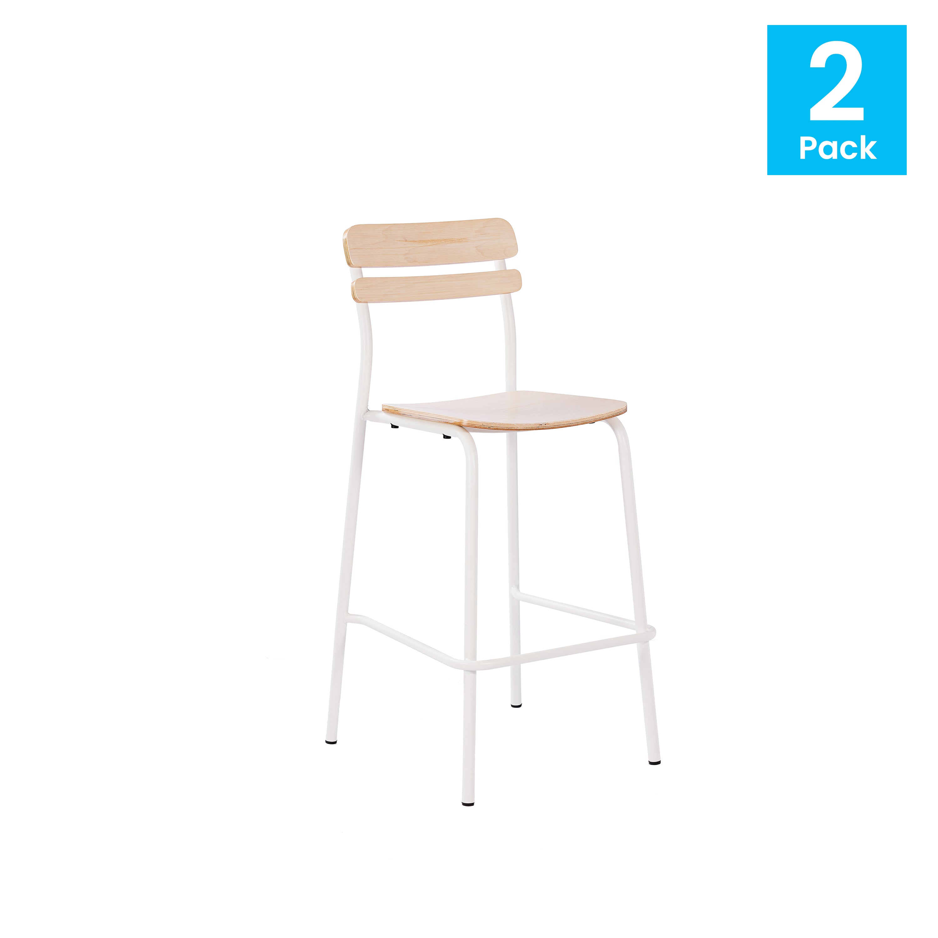 2 Pack Cyprus Commercial Grade Solid Wood Bar Stools with White Metal Frames and Antique White Finish