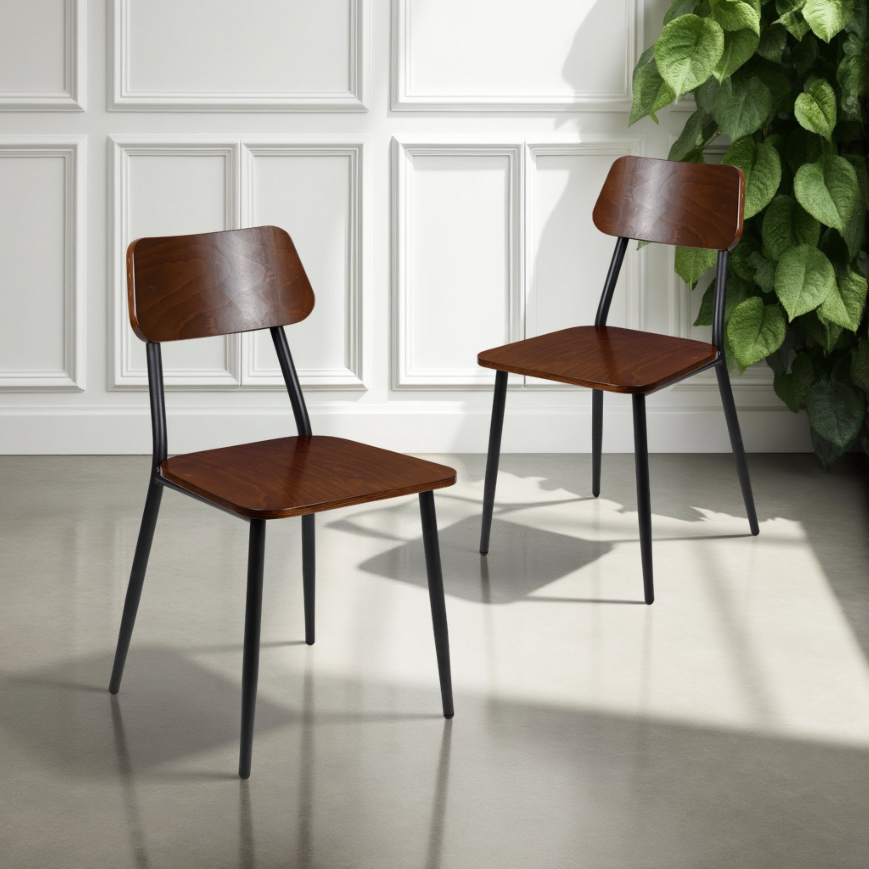 Lincoln Industrial Dining Chair with Gunmetal Steel Frame and Rustic Wood Seat, Set of 2