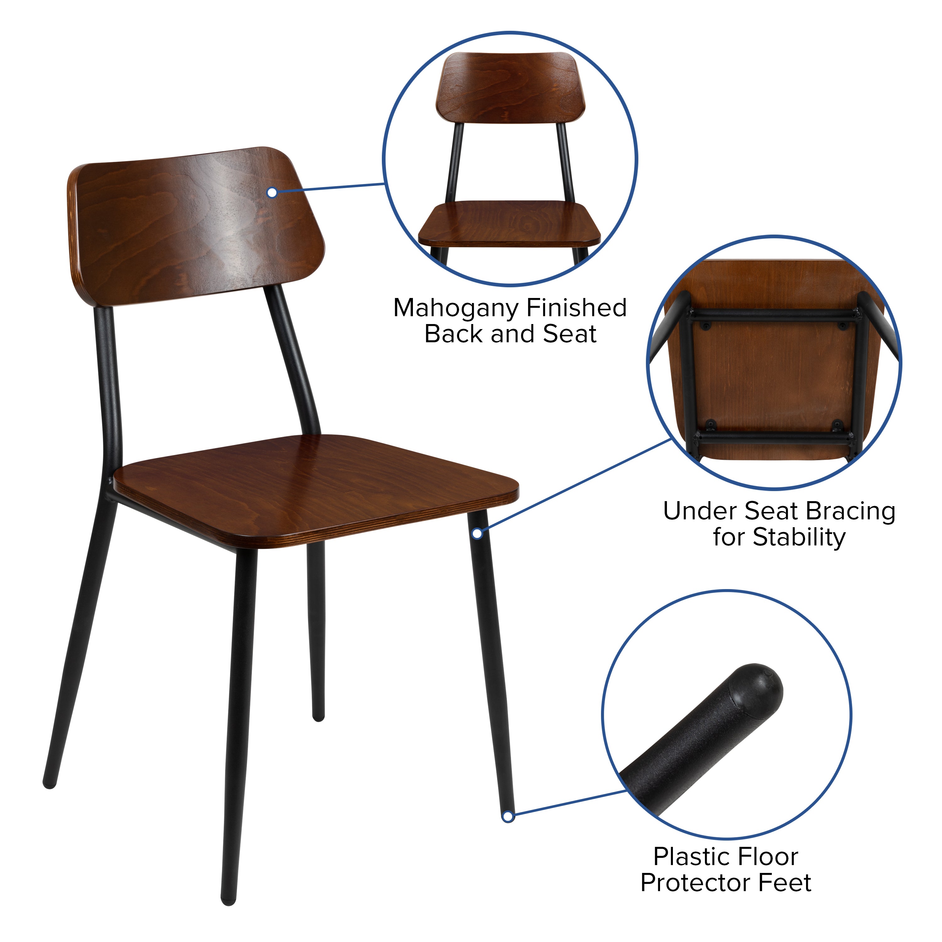 Lincoln Industrial Dining Chair with Gunmetal Steel Frame and Rustic Wood Seat, Set of 2