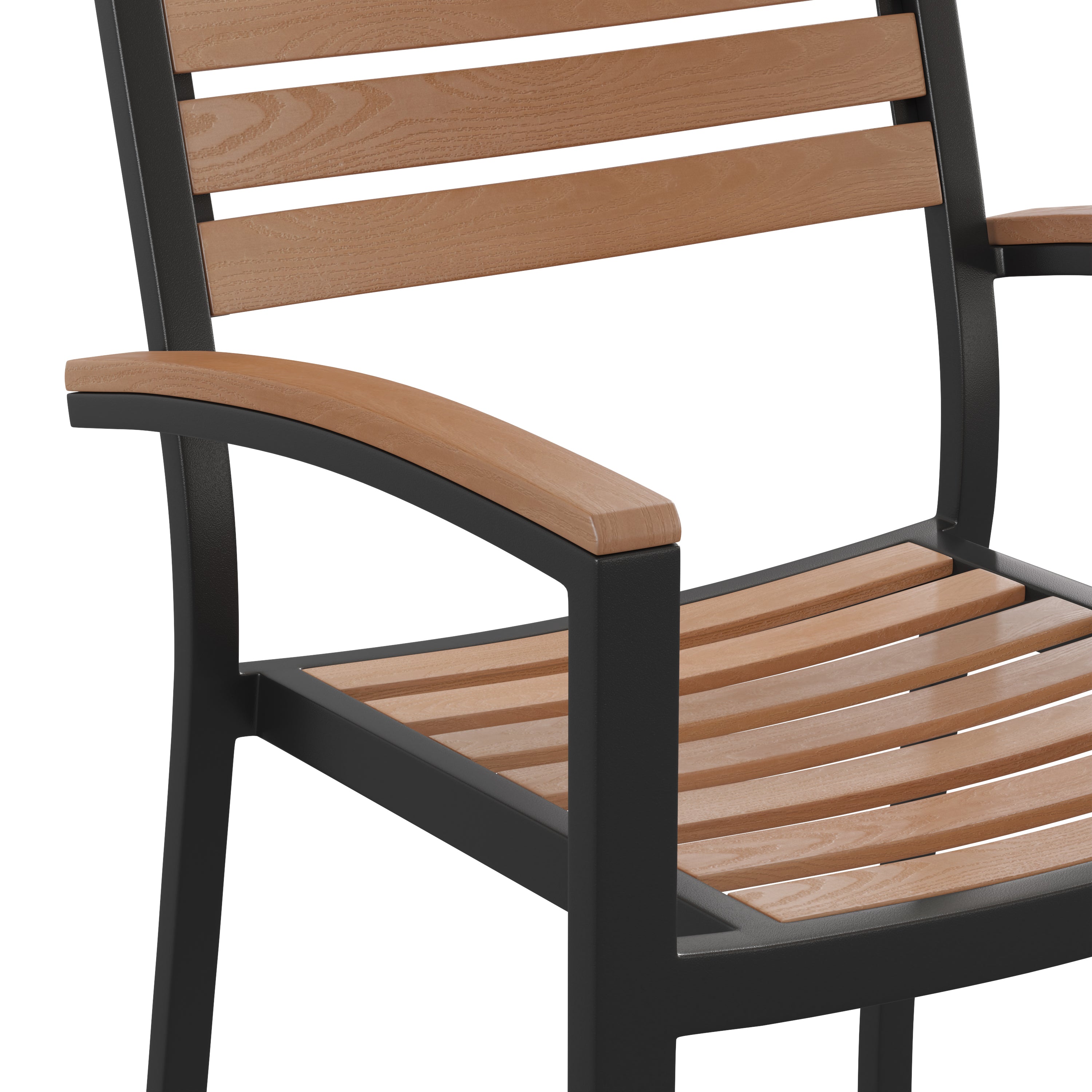 Lark Outdoor Stackable Faux Teak Side Chair - Commercial Grade Black Aluminum Patio Chair with Synthetic Teak Slats - Set of 2