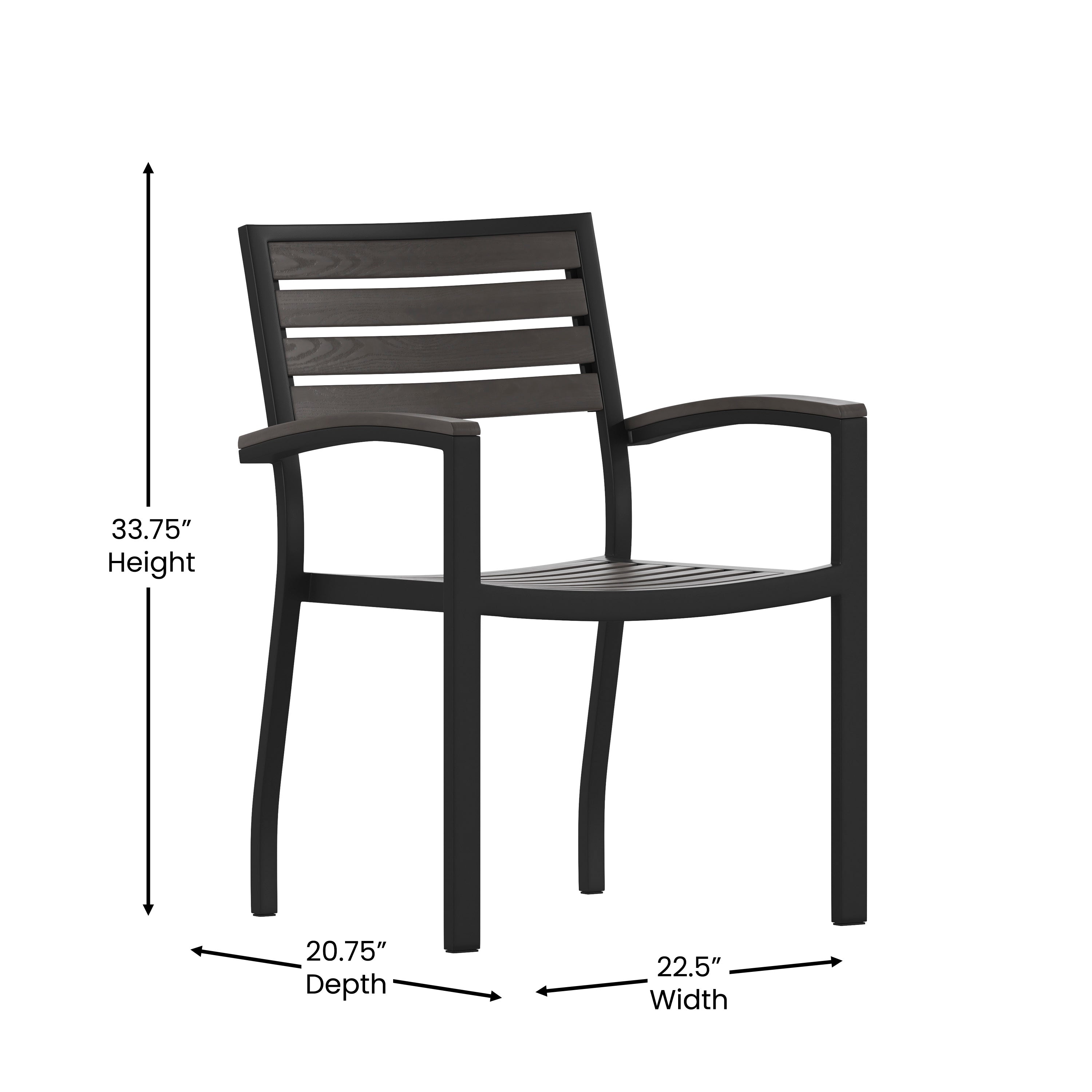 Lark Set of 2 Outdoor Stackable Faux Teak Side Chairs - Commercial Grade Black Aluminum Patio Chairs with Synthetic Gray Wash Faux Teak Slats
