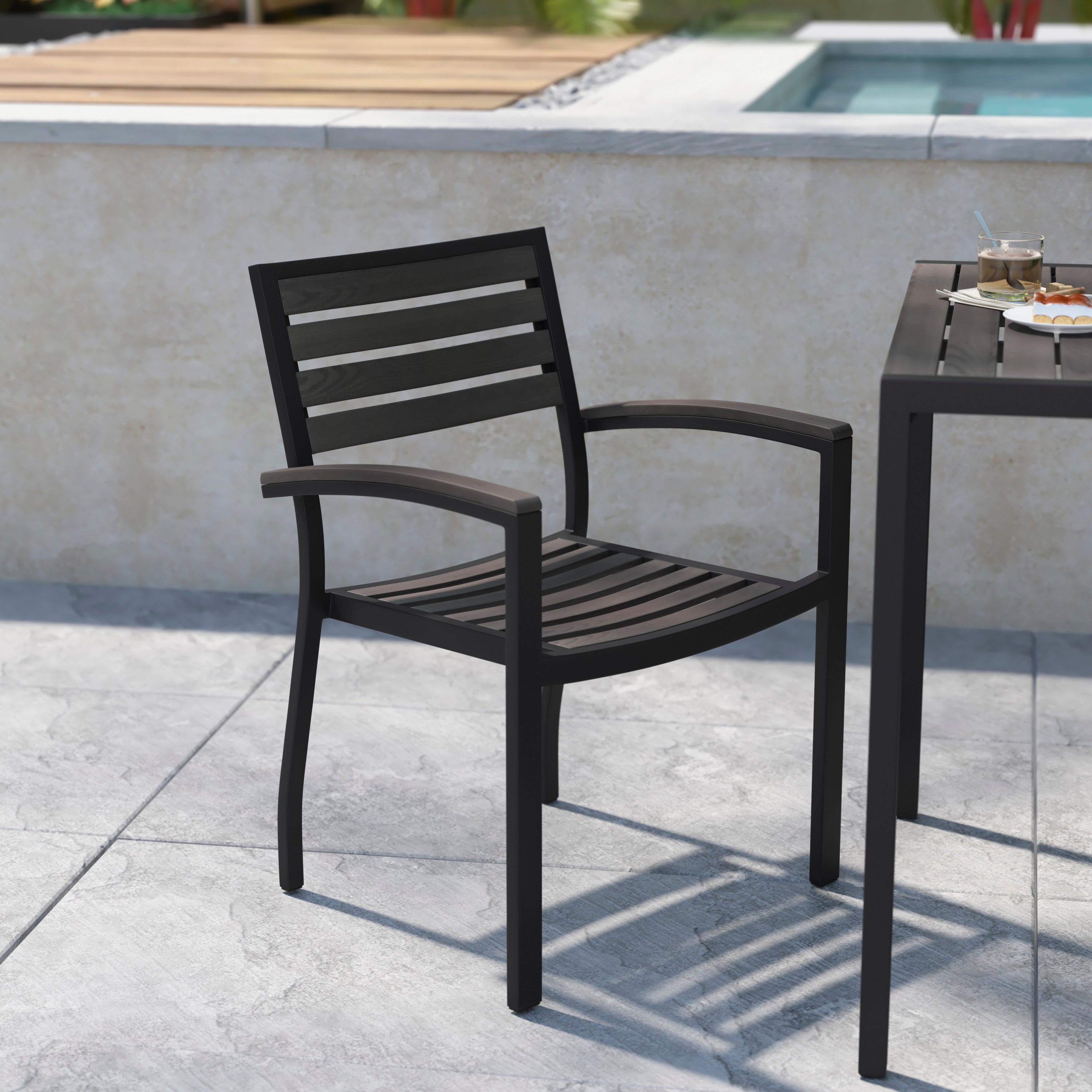 Lark Set of 2 Outdoor Stackable Faux Teak Side Chairs - Commercial Grade Black Aluminum Patio Chairs with Synthetic Gray Wash Faux Teak Slats